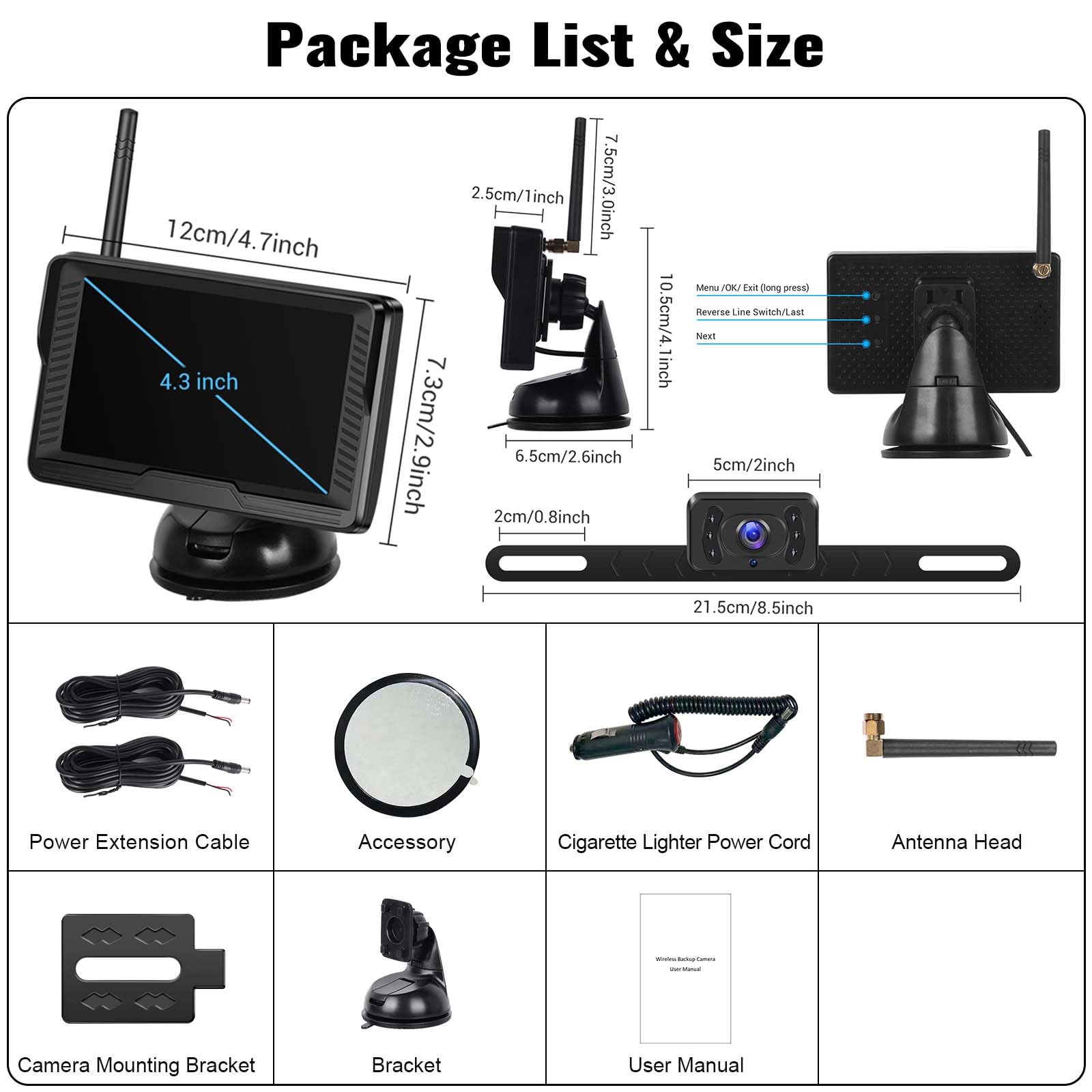 Caméra de Recul sans Fil, Moniteur HD 4,3", 1080P 120° Grand Angle Caméra Arrière pour Vision Nocturne Infrarouge, Étanche IP68, Caméra de Recul Kit pour Camion Camping Car Tracteur agricole 12V