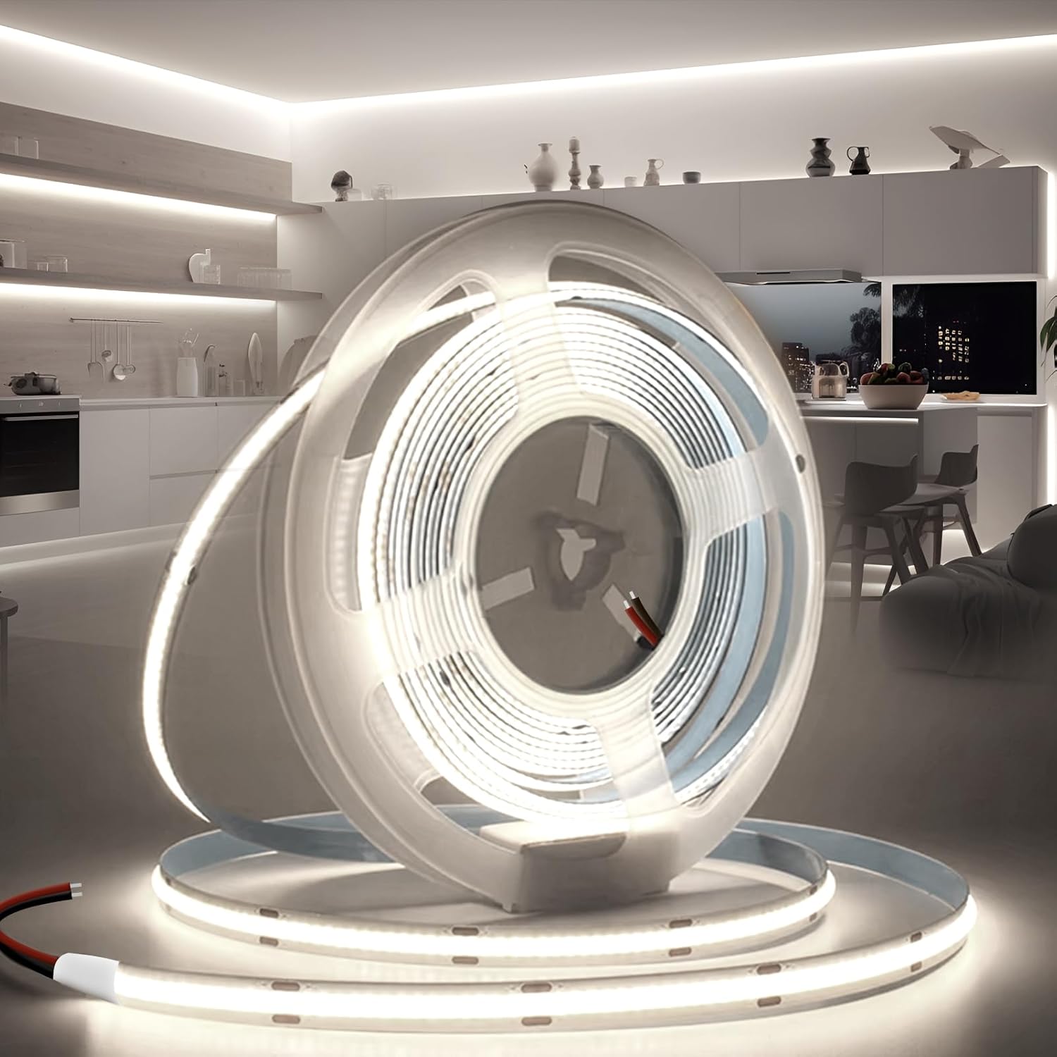 Luces LED COB Tira LED 12V 5M Luz blanca fría autoadhesiva Tira de luces 6000K 320LED/M Flexible Cortable, ancho 8 mm, para dormitorio, sala de estar, gabinete, fiesta (sin fuente de alimentación)