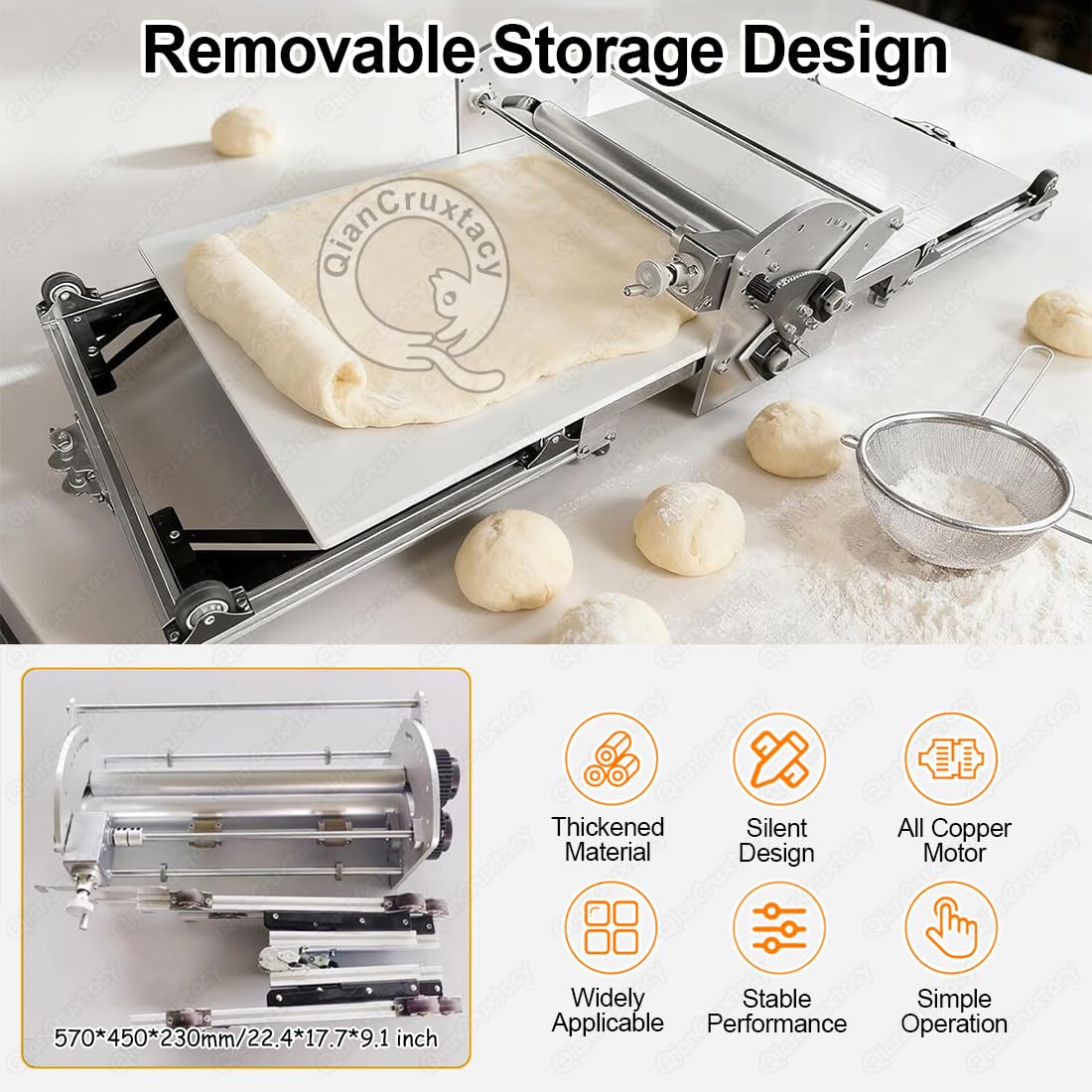 Elektrischer Teigroller, 450 mm, Edelstahl, 2–30 mm, verstellbare Dicke, für Croissants, Pizza, Blätterteig, Fondant, kommerzielle und private Nutzung
