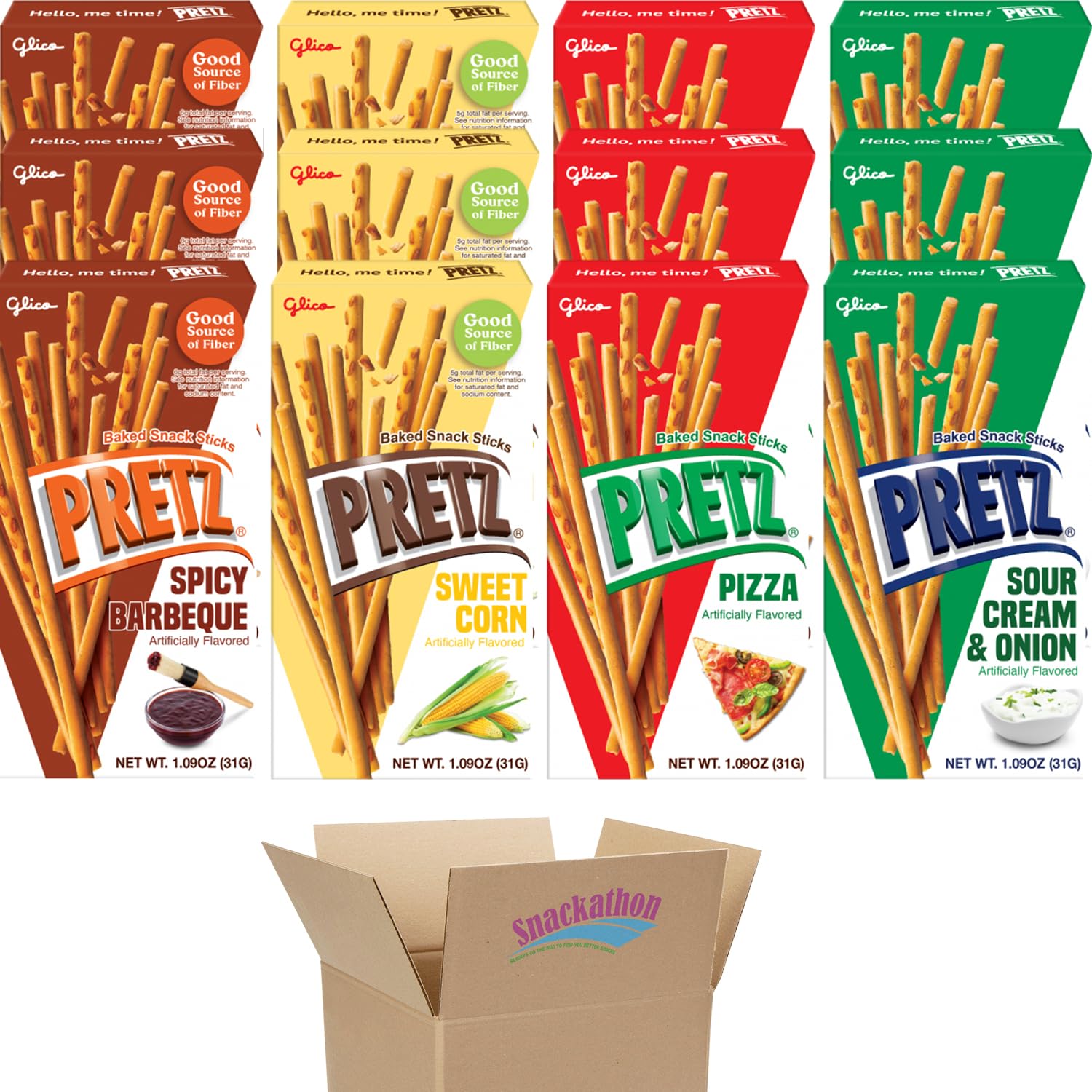 SnackathonPretz Biscuit Stick Variety Pack, Pizza, Spicy Barbeque, Sour Cream & Onion, Sweet Corn 1.09 Ounce Each (Pack of 12, 4 Classic)