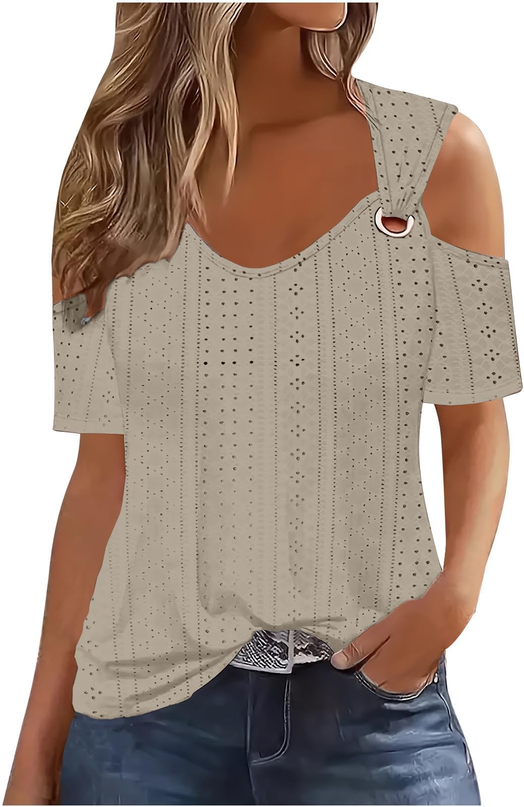 genericSexy Cold Shoulder Tops for Women UK Casual Ladies Eyelet Tops Trendy Solid Basic Womens Tops Blouses Workout Vacation Tunic Blouses Short Sleeve Cotton Tshirts