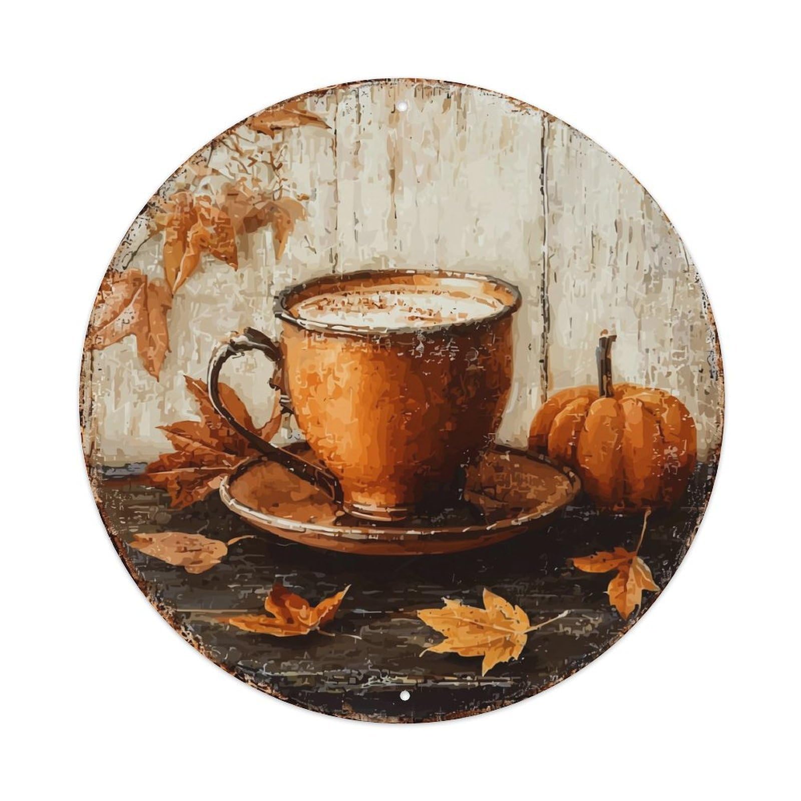 Autumn Leaves Pumpkin Coffee Cup Round Metal Tin Sign Vintage Wall Decor, Bar Garage Cafe Kitchen Home Wall Art Poster 8x8inches