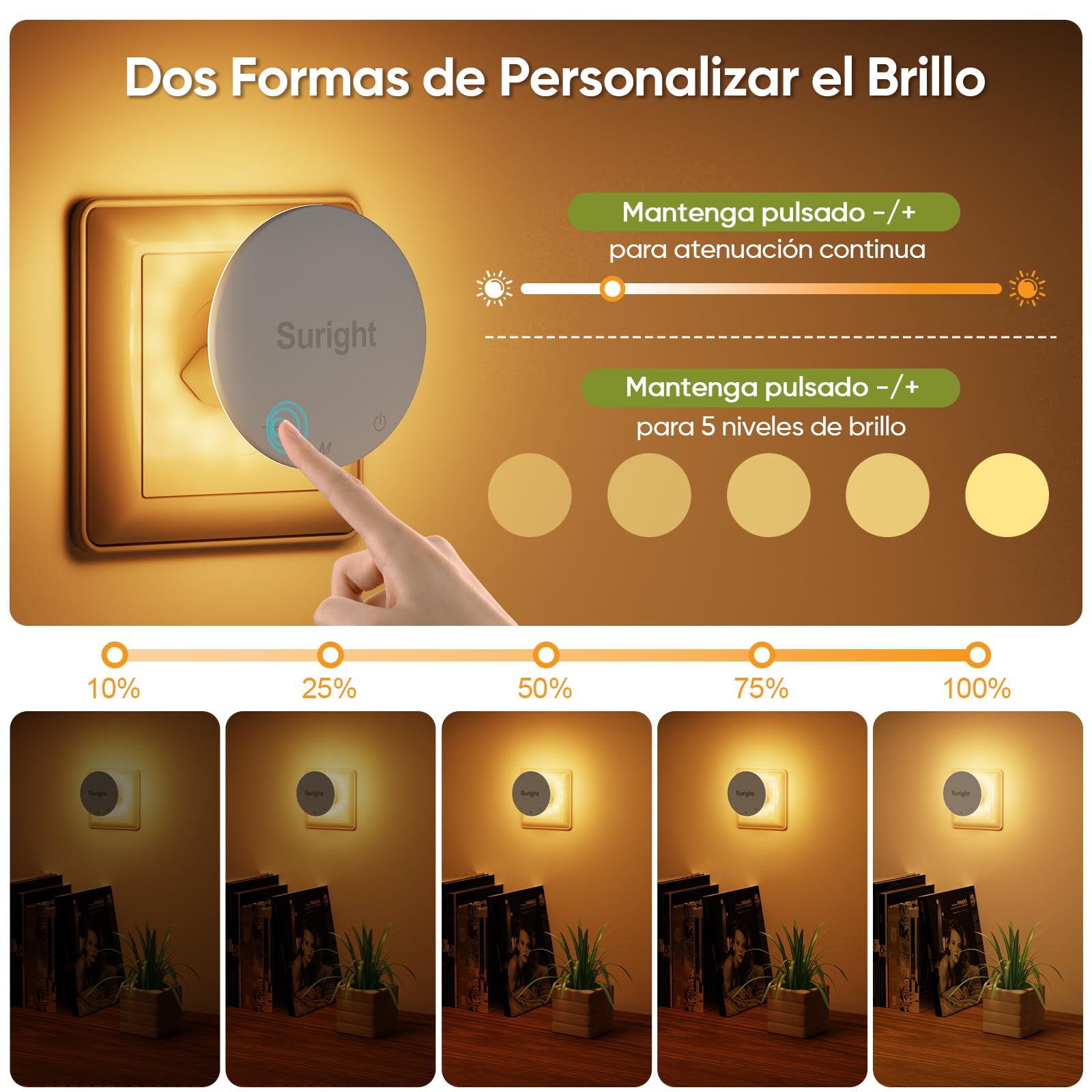 Luz Nocturna con Sensor de Movimiento, 2 Piezas Luz Nocturna Infantil Enchufe con Blanco Cálido, 3 Modos, Brillo Ajustable, Control Táctil, Luz Noche para Niños, Pasillo, Escaleras y Dormitorio