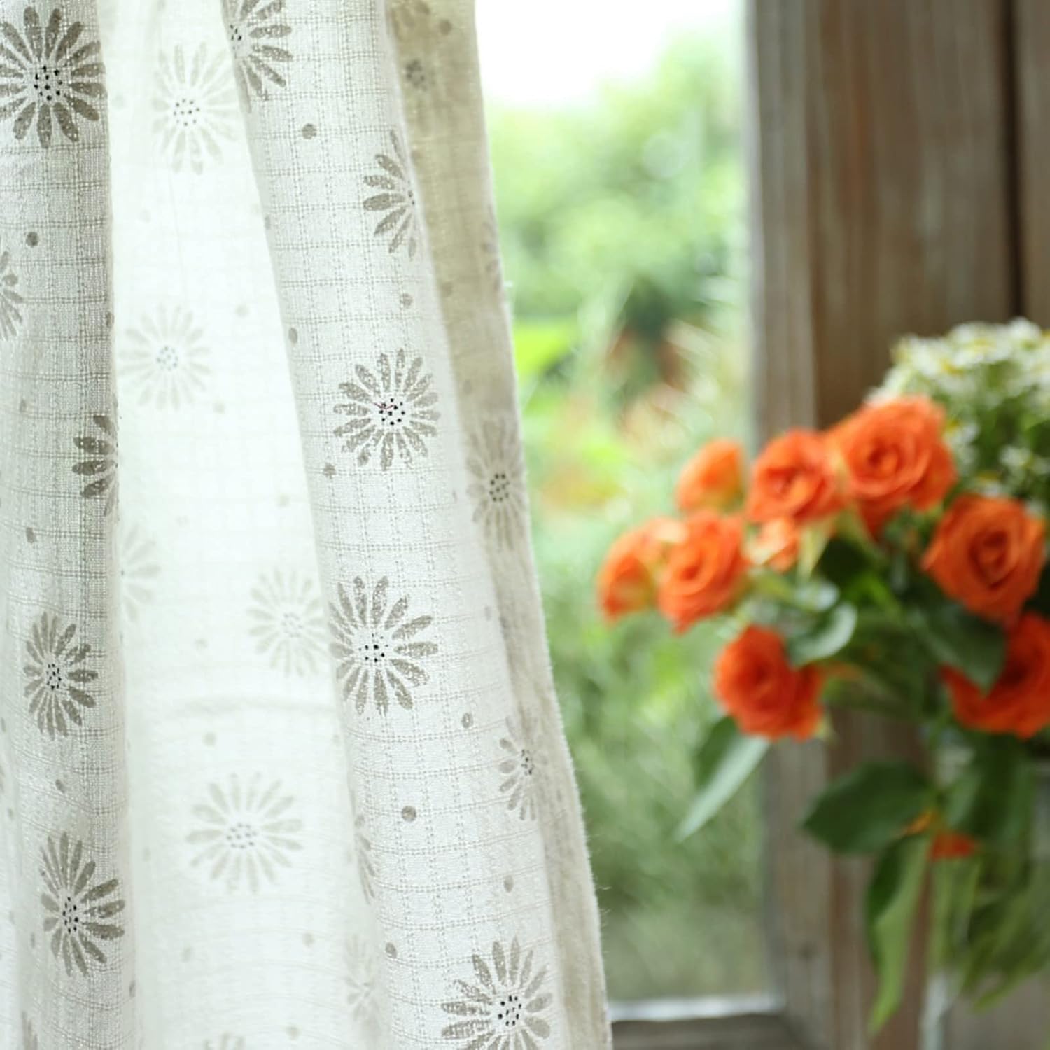 A.Monamour Short Curtain for Small Window 2 Panels White Grey Cotton Linen Daisy Flowers Pattern Window Treatment Valance Drapes Half Curtain for Kitchen Café Bedroom Cabinet Curtain Door Curtain