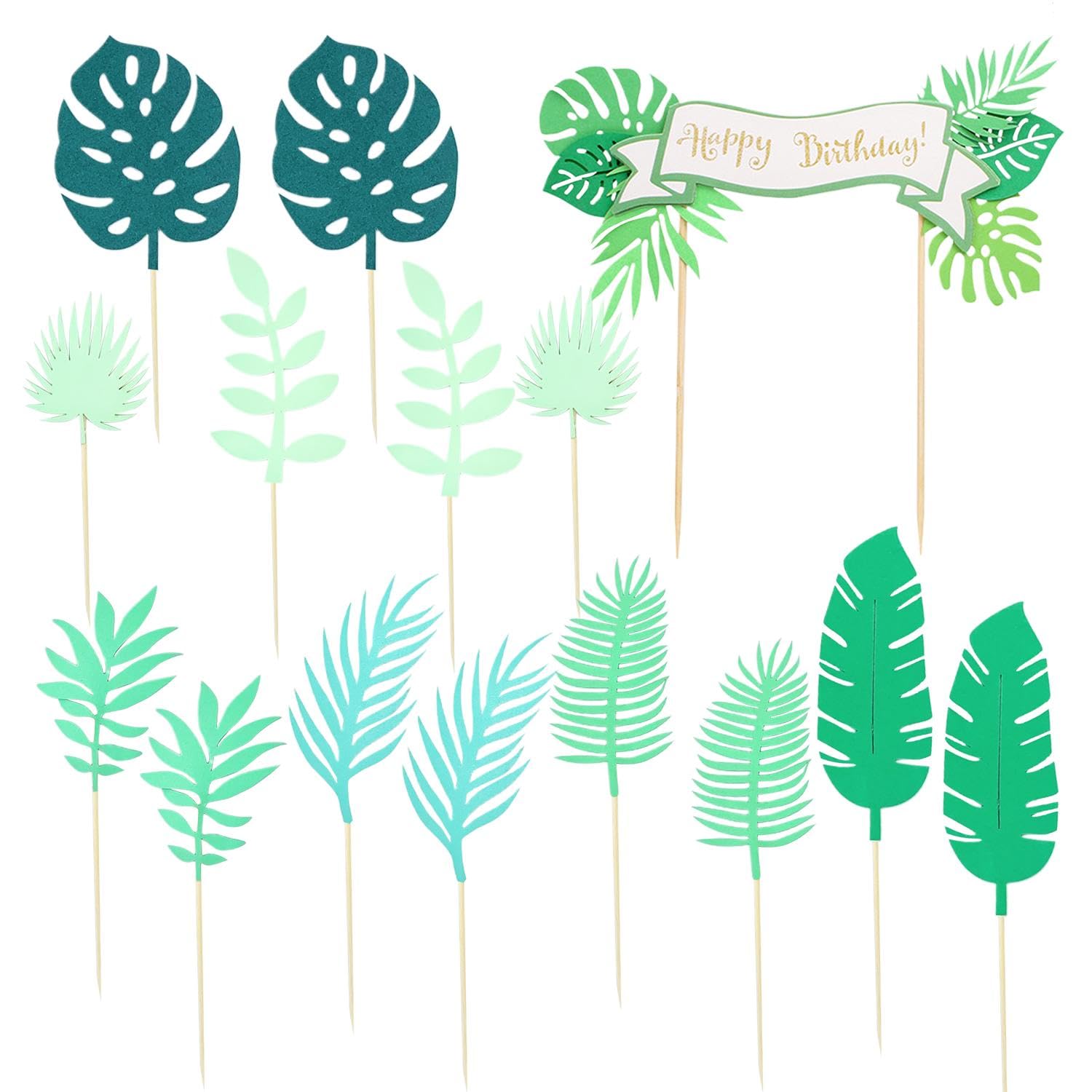 EOWVISN 14 Pieces Tropical Leaves Inserts, 1 Piece Happy Birthday Banner Insert, Birthday Cake Decorations, Tropical Party Decorations, Cupcake Palm Leaf Inserts