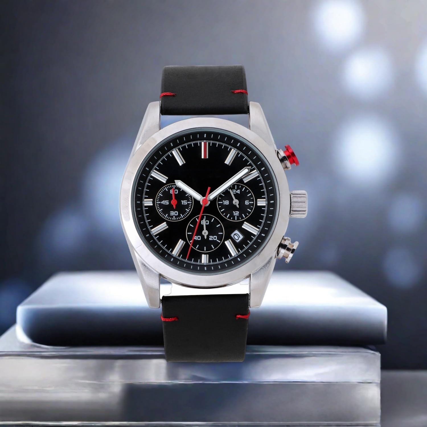 NUOVO Orologio Analogico al Quarzo Analogico Classico a tre Lancette da Uomo da 42 mm Con Quadrante Nero Mezzanotte e Cassa in Lega con Cinturino in Pelle Nera