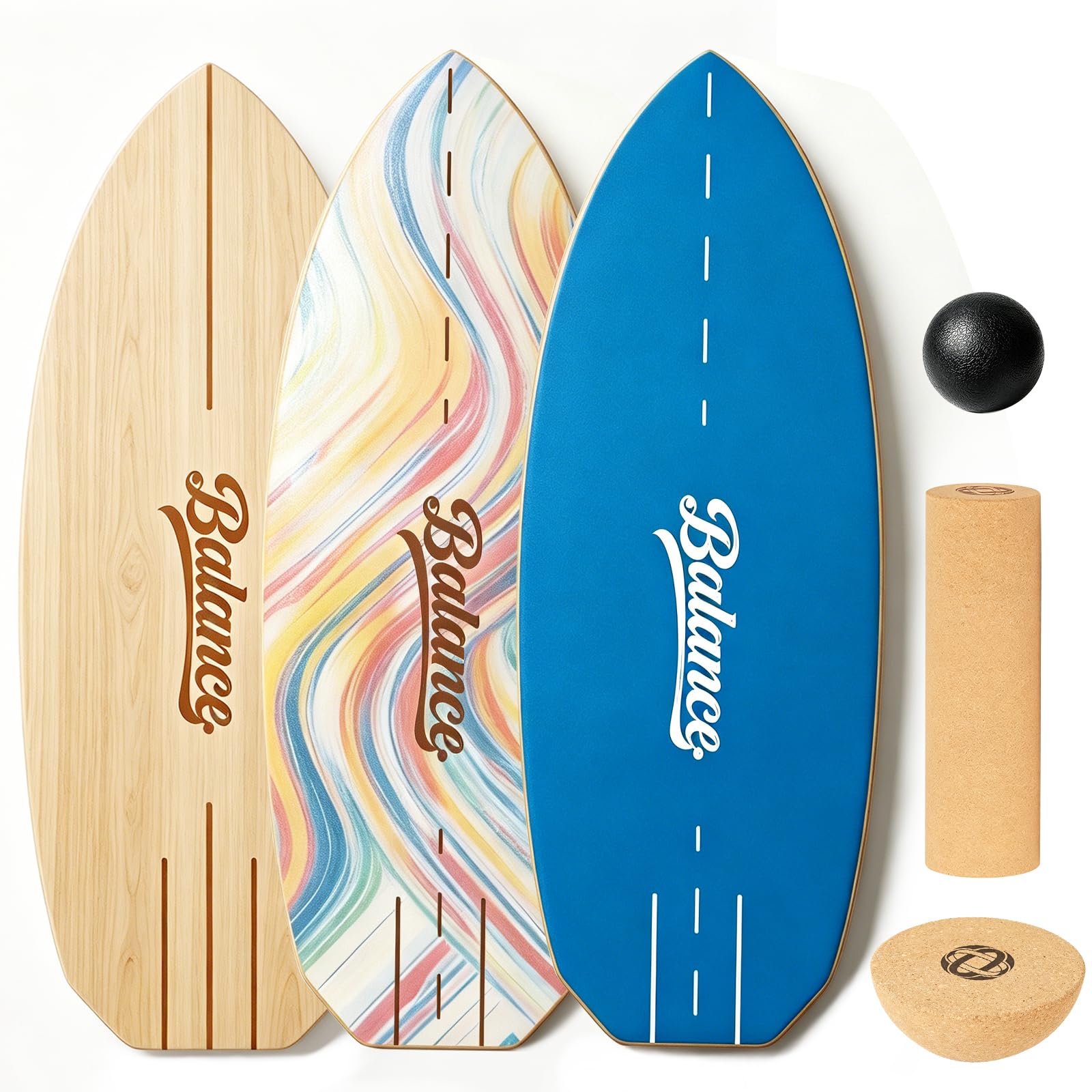 Balance Board aus Massivholz, 78 x 30 cm, bis 204 kg – Komplett-Set mit Rolle, Halbkugel & Faszienball – rutschfestes Gleichgewichtsboard für Fitness, Yoga & Reha,Holz