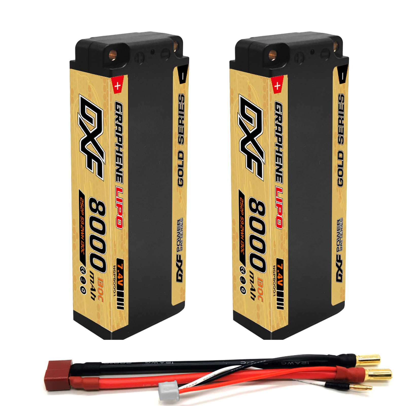 DXF Batterie LiPo 2S 8000mAh 7.4V 130C 5mm NGP Deans T-Plug pour Voiture RC - Pack Lithium Polymère Haute Performance Décharge Rapide pour Modèles Radiocommandés 1/8 1/10 Échelle Buggy Truck Racing