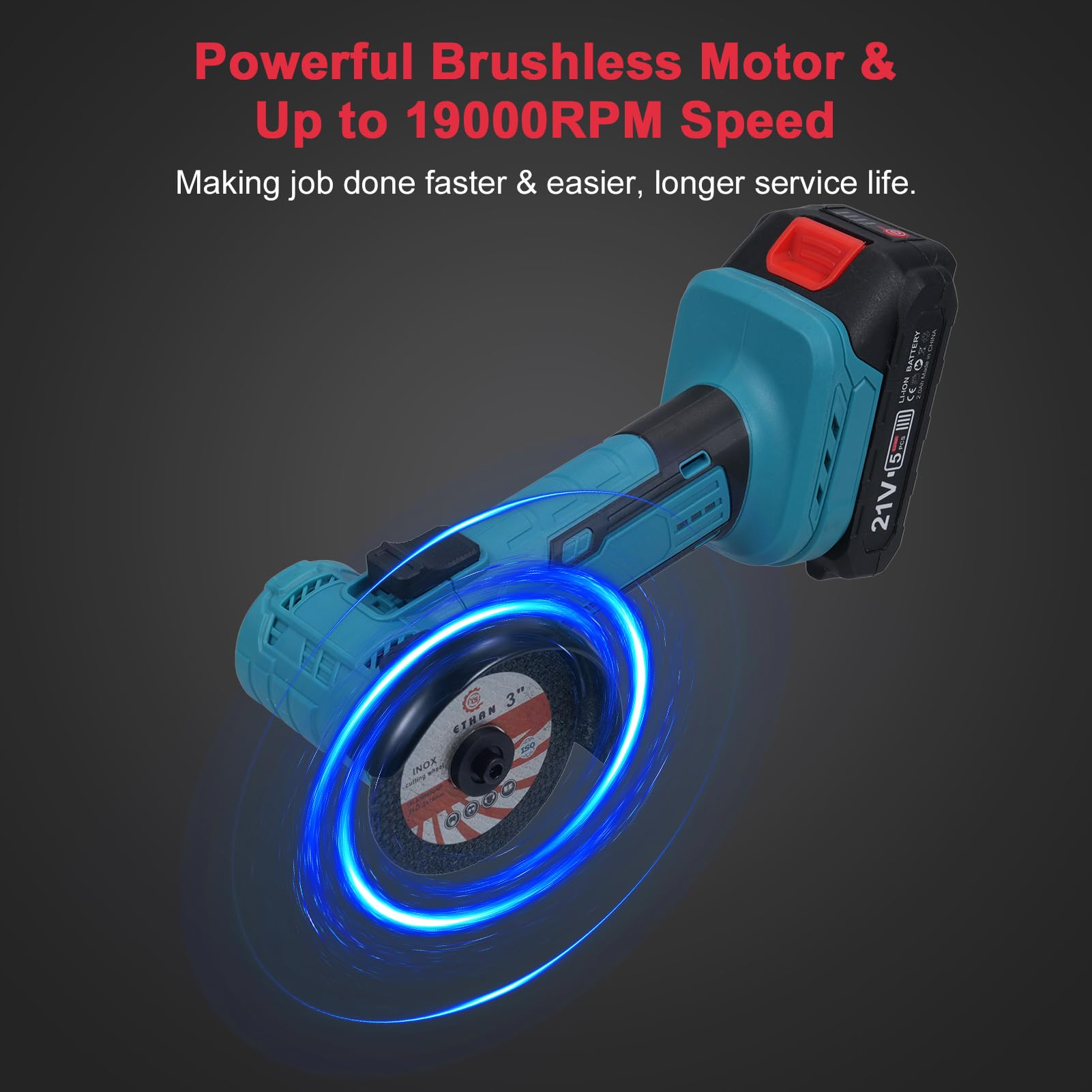 Meuleuse D'angle Sans Fil 21 V,Meuleuse D'angle Sans Balais 19000RPM,Meuleuse D'angle avec 2x2000mAh Batteries et Chargeur,Mini Disqueuse Sans Fil pour découper, meuler et polir