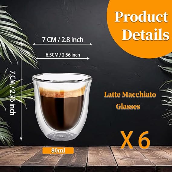 Double Wall Borosilicate Glass Espresso Cups, Espresso Cup Set (6 x 80ml), Tea Glass Caffee Cups, Handcrafted Artisan - Strong, Vacuum Insulated