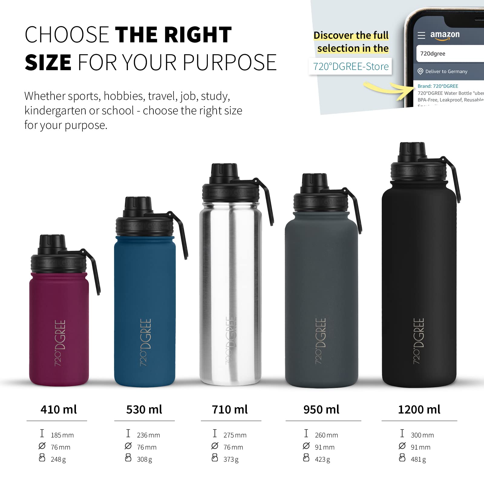 720°DGREE Borraccia termica 500 ml "noLimit" - Bottiglia acqua termiche in acciaio inox - Senza BPA - Borracce perfetto per bevande (530ml) calde, fredde, Bambini, Bambina, Scuola +2 Coperchi