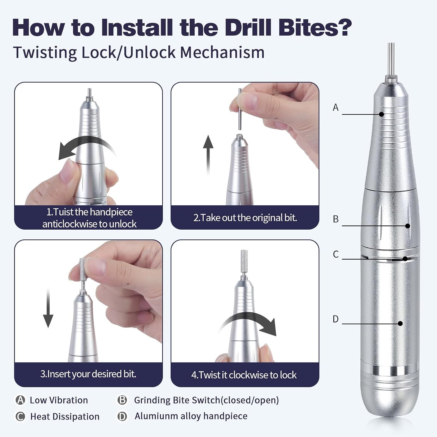 Electric Nail Drill Kit, Portable Rechargeable Nail Drill, 45000 RPM for Acrylic Nails, Gel Nails, Manicure Pedicure Polishing Shape Tools (White)
