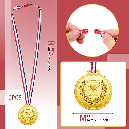 Miniatura 3 de Hicarer Juego de 15 piezas de decoraciones para fiestas deportivas, 3 piezas de antorcha inflable y 12 medallas de plástico doradas, plateadas,