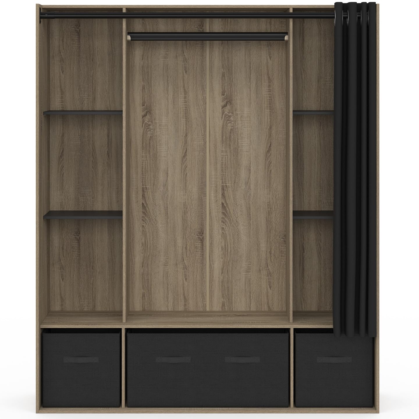IDMarket - Dressing penderie DIANE 140 x 45 x 167 cm hêtre avec étagères + boites de rangement + rideau noir