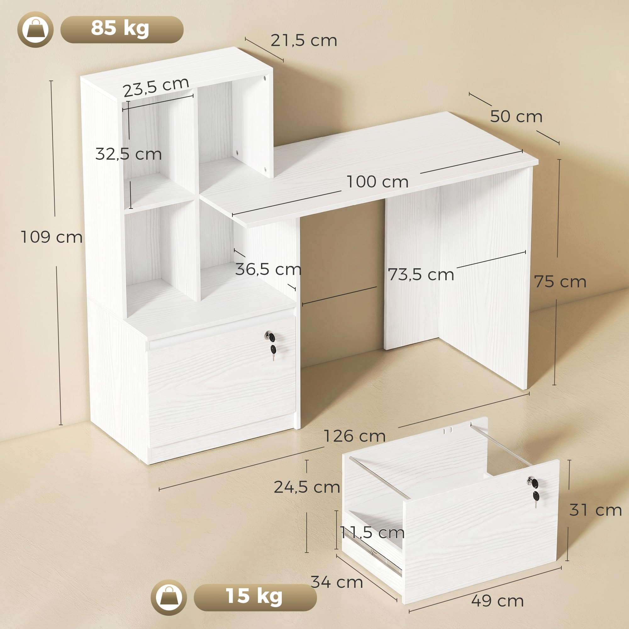 HOMCOM Scrivania 126 cm con cassetti bloccabili, grana del legno bianca | Scrivania per home office, libreria, scrivania, per camera da letto, studio