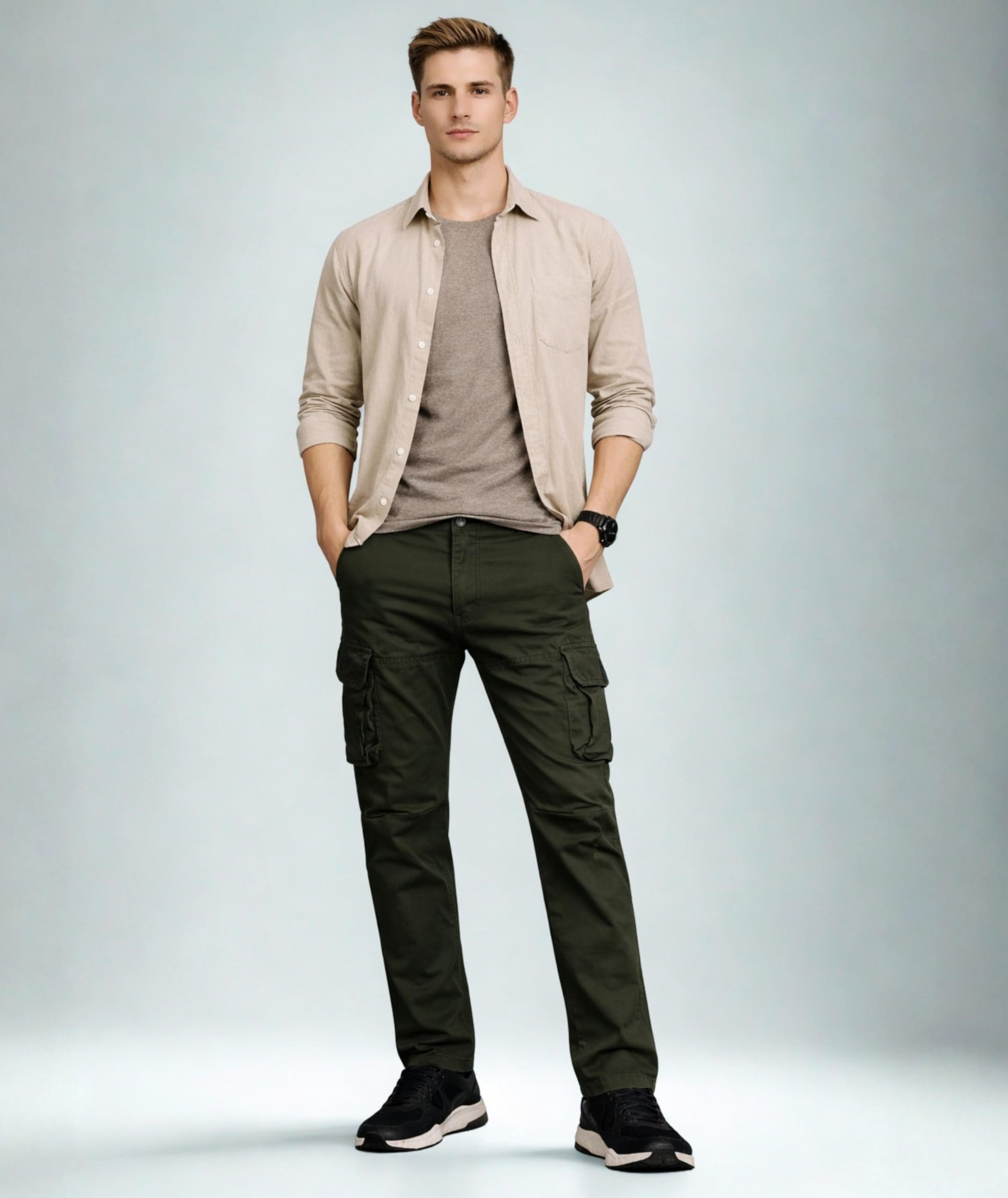 L'MONTE Imported Cargo Joggers for Men | Multi Pocket Cotton Cargo Pants | Regular Fit Casual Trousers for Men | Button Closure Jogger Pants(36,Green)