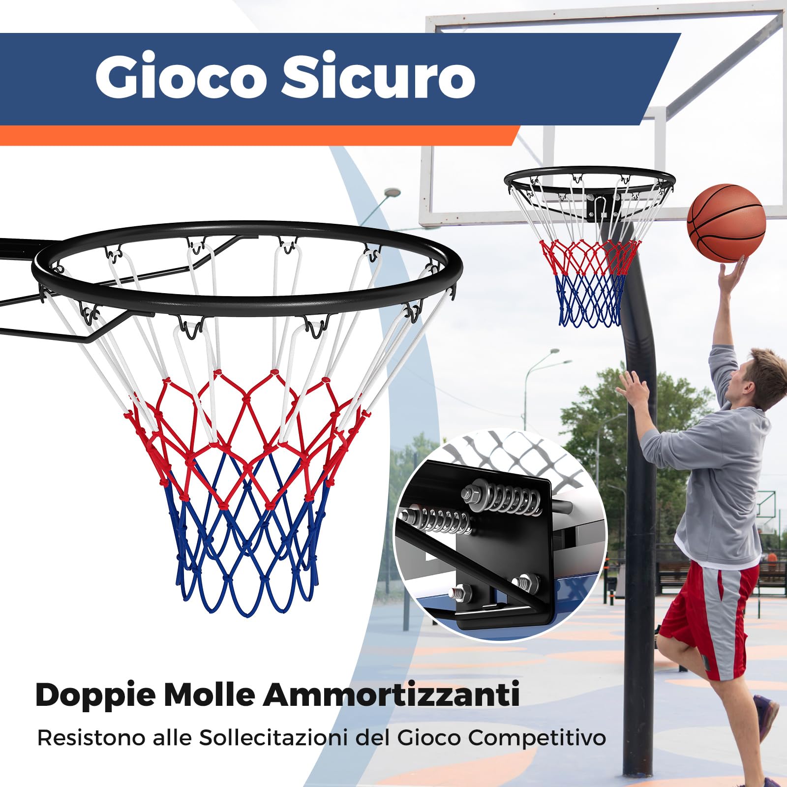 COSTWAY Canestro da Basket da Parete 45 cm, Anello da Pallacanestro da Muro con Doppie Molle e Rete per Tutte Le Stagioni, Cerchio Universale per Canestri da Interno ed Esterno