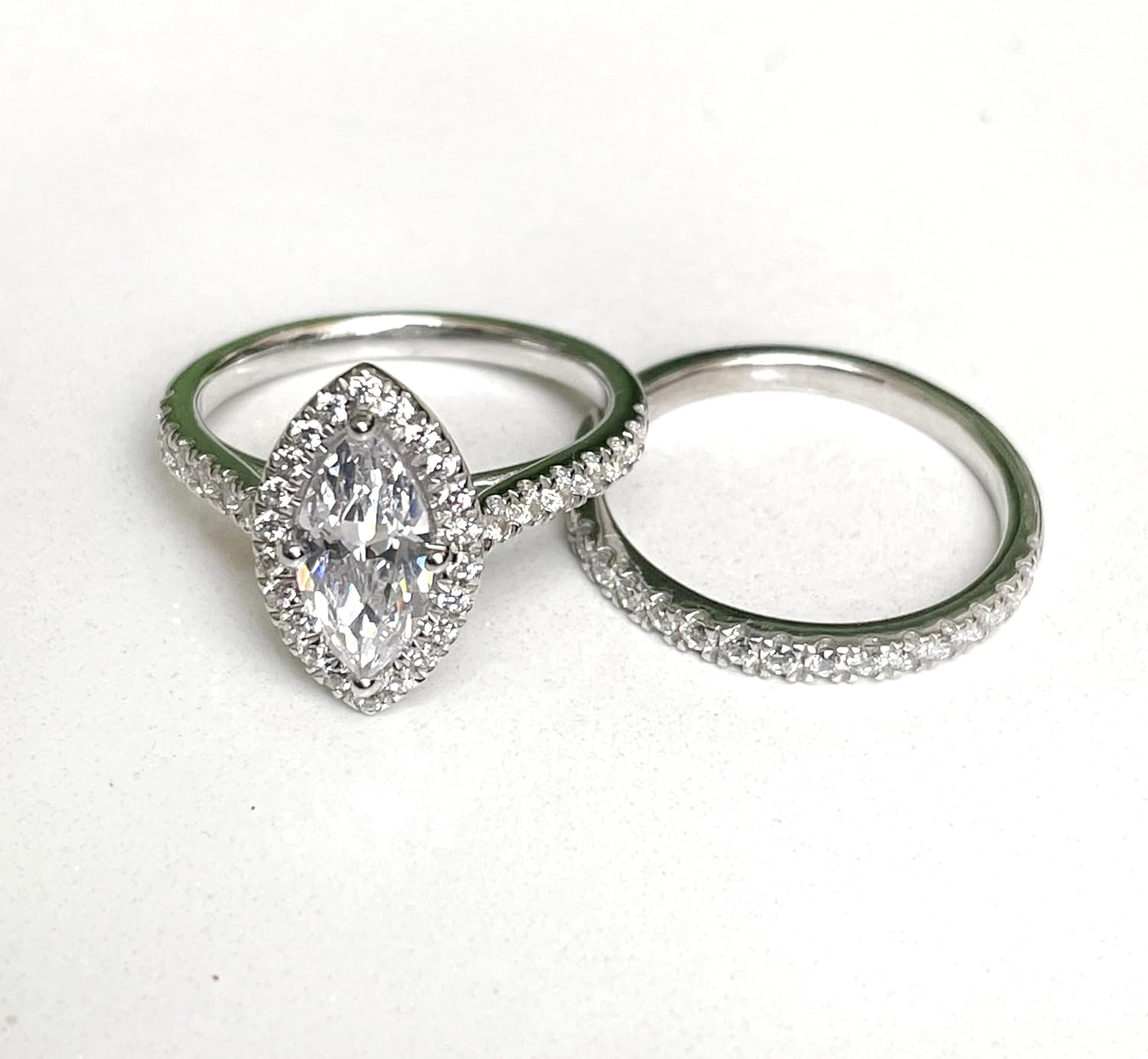 1.00 Carat Marquise Cut White Diamond Halo Engagement Ring With Matching Wedding Band For Women, 14K Gold Plated 925 Silver White Diamond Side Stone Halo Bridal Set