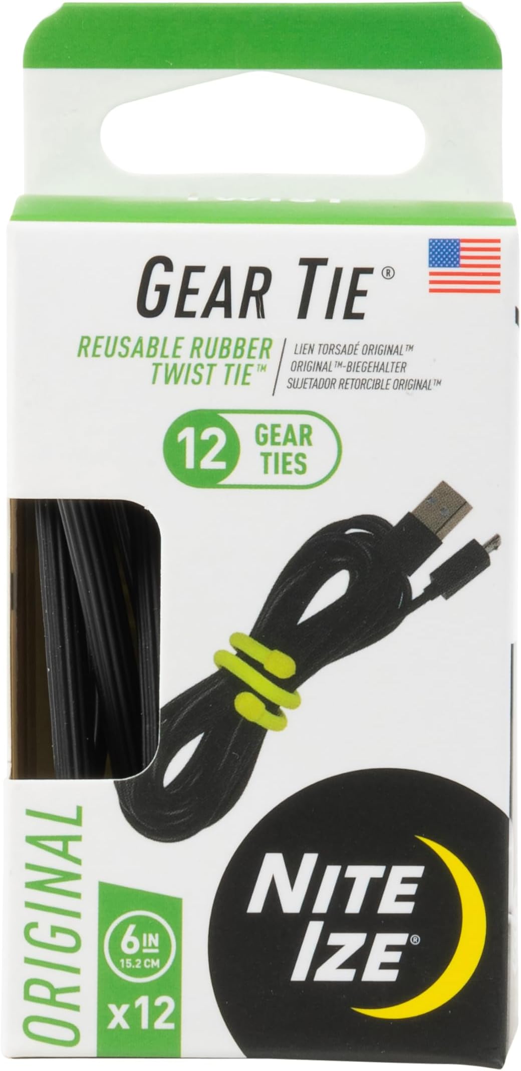 Original Gear Tie - 6-Inch Reusable Rubber Twist Tie - Reusable Gear Ties - Electric Cord Organizers - Twist Ties for Cords - Reusable Zip Ties - Black, 6-Inch, 12 Pack