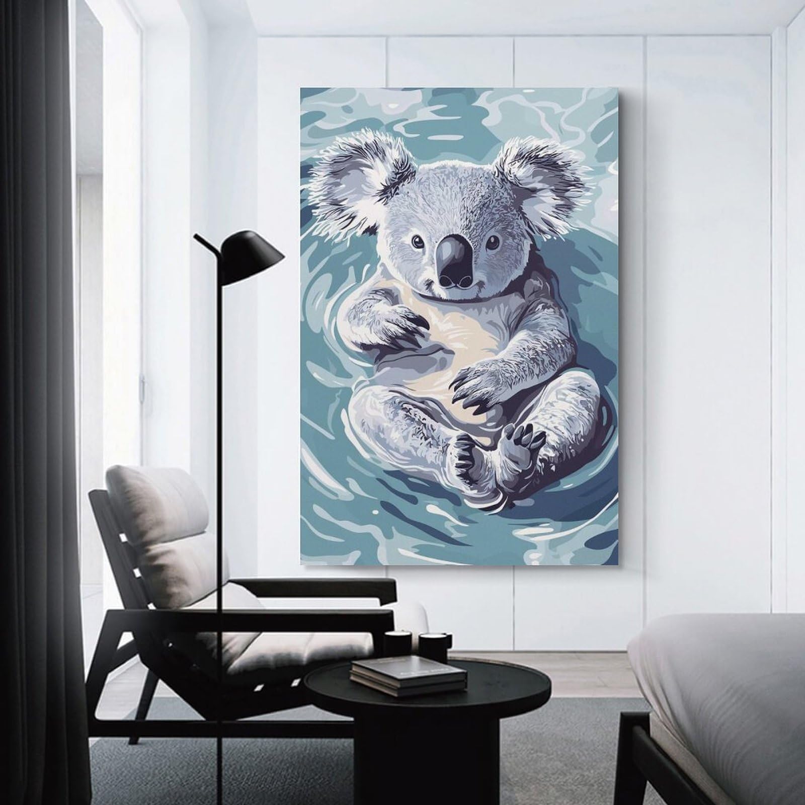 Junmoney Koala Floating in Water Illustration Wall Art Print, 08x12inch(20x30cm), for Workspace Walls, Study Corners Or Bedrooms, A Smart Decor Choice for Study Walls