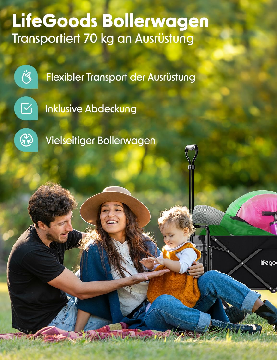 LifeGoods Bollerwagen Faltbar - Faltbarer Bollerwagen - Handwagen Klapbarr - Gartenwagen - Transportwagen - Strandwagen - Strand - Klappbarer – 360 Grad Drehbare Vollgummireifen 94L– 98x45cm - Schwarz