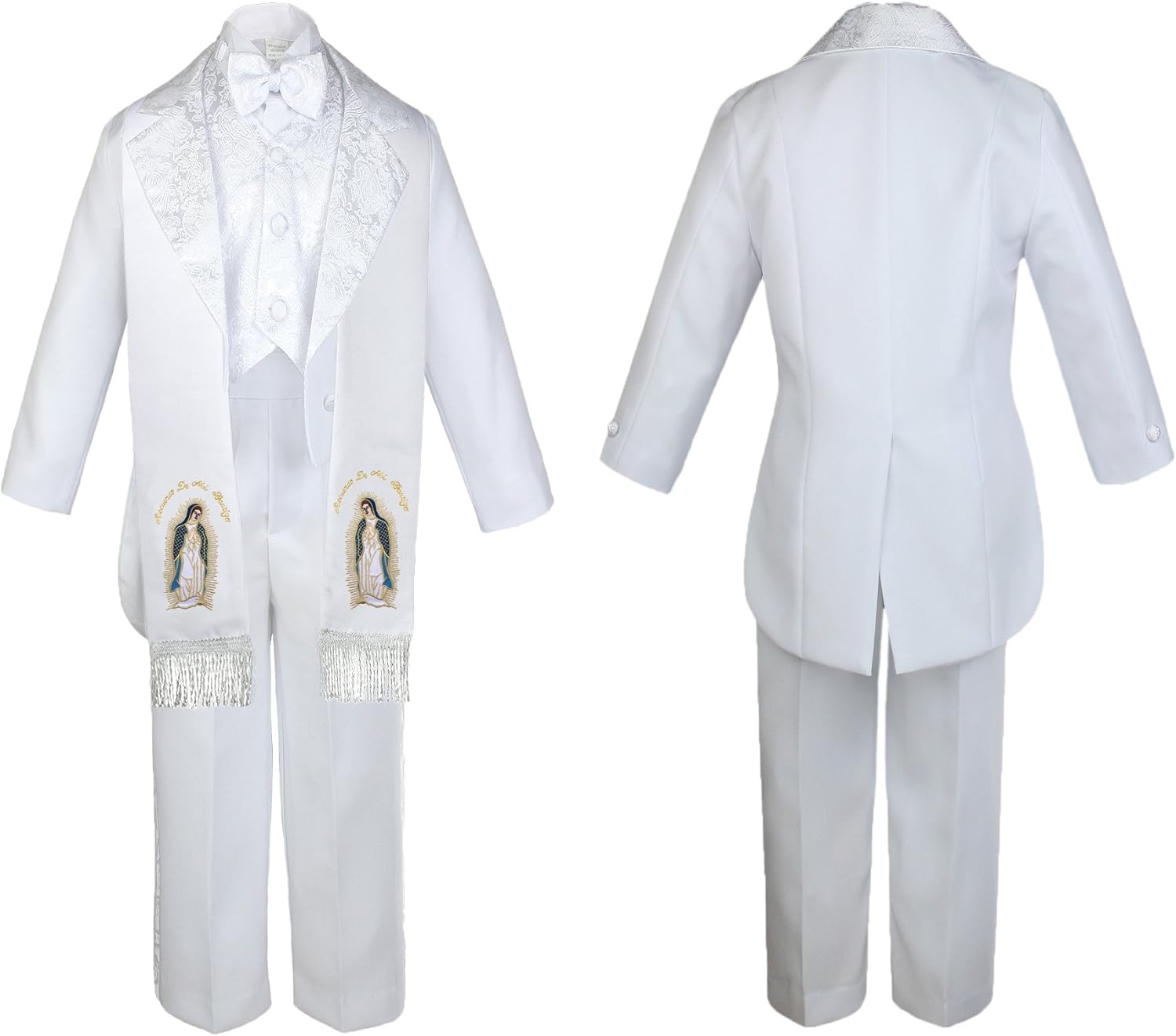 Baby Boy Christening Baptism White Tail Suit Stole Virgin Mary Guadalupe Sm-7