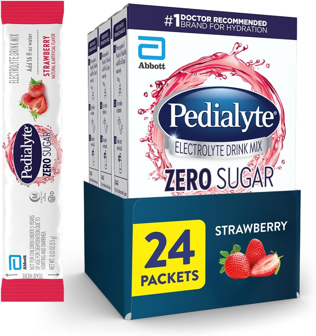Pedialyte Electrolyte Drink Mix With Zero Sugar | Hydration With Key Electrolytes | Great Hydration Low in Calories | Strawberry, 24 Powder Packets
