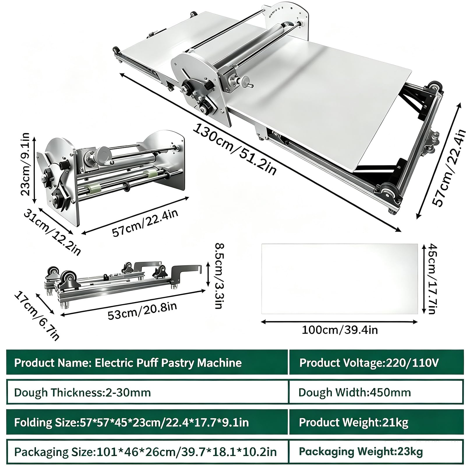 Macchina Stendipasta Professionale Da Tavolo | Sfogliatrice Elettrica Regolabile (2-30 Mm) per Impasti per Croissant, Pizza E Pasta | Design Pieghevole in Acciaio Inox, 110 V/220 V