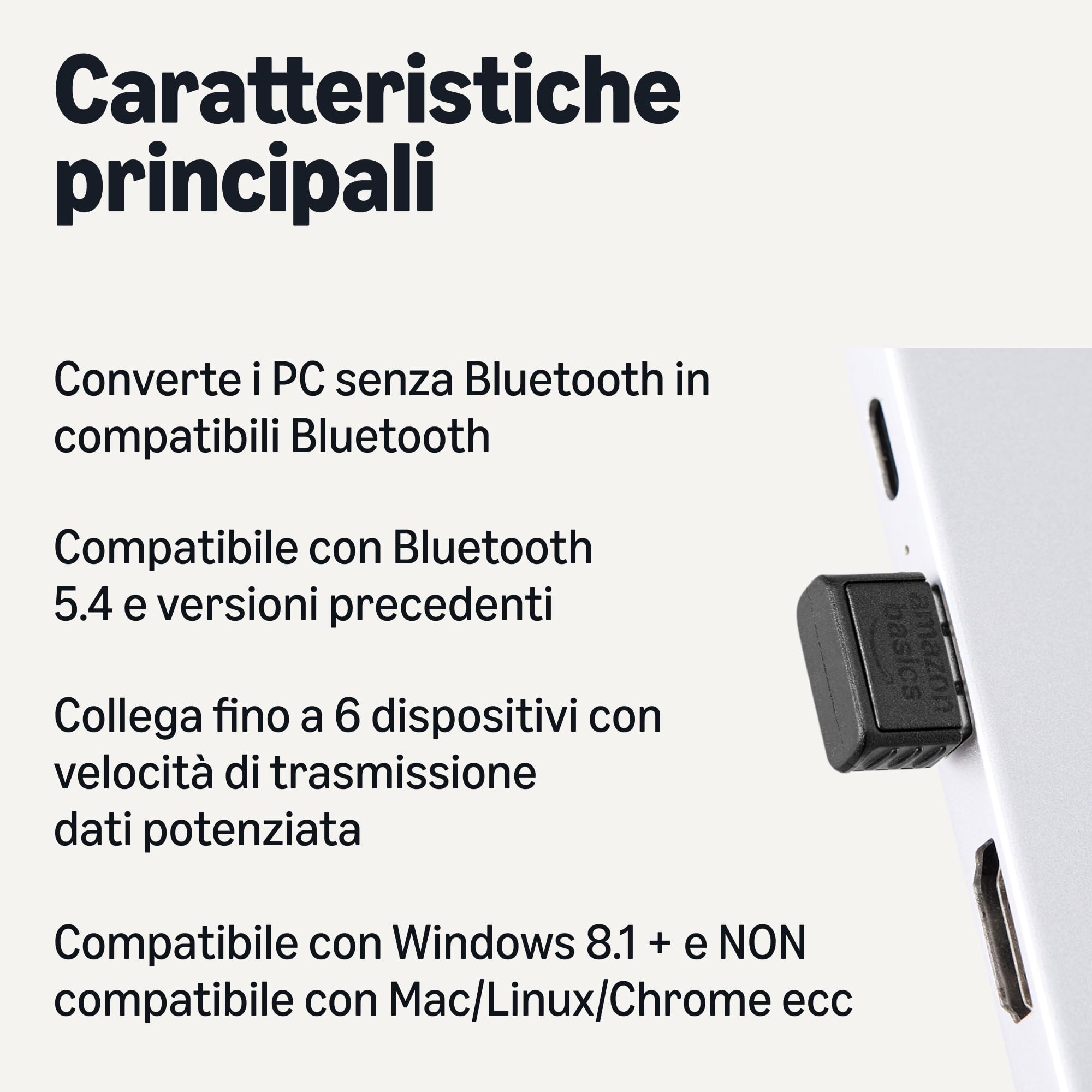 Amazon Basics - Adattatore USB Bluetooth 5.4 per PC, Ricevitore USB per Mouse Bluetooth, Tastiera, Laptop, Compatibile con Windows 11/10/8.1