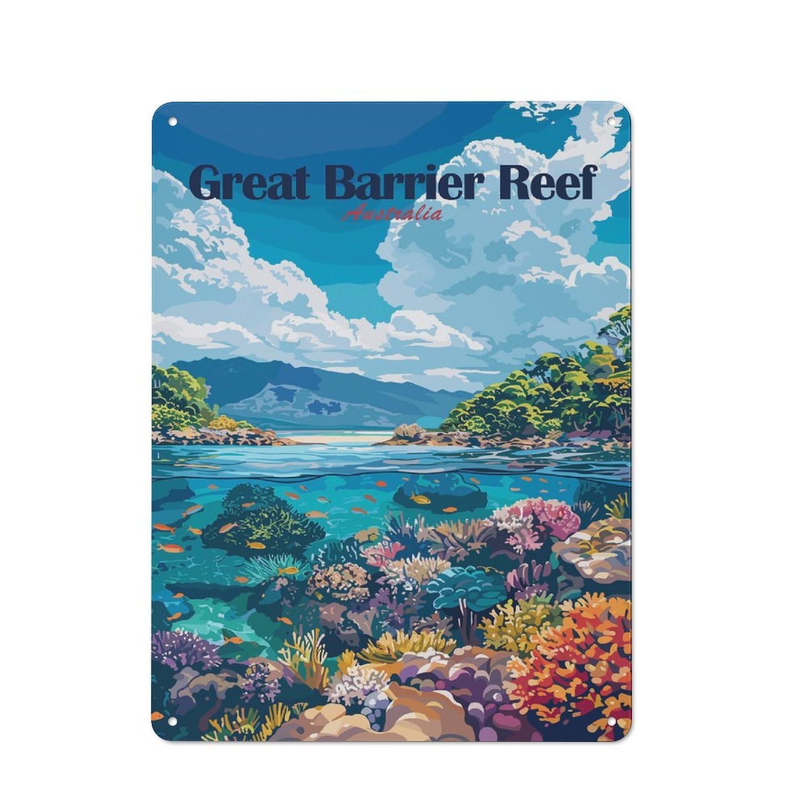 Junmoney Style-18 Urban Metal Wall Art Sign 40X30cm Featuring Great Barrier Reef Australia Travel, Urban Room Decor For Modern Home, Workshop, Office Or Cafe