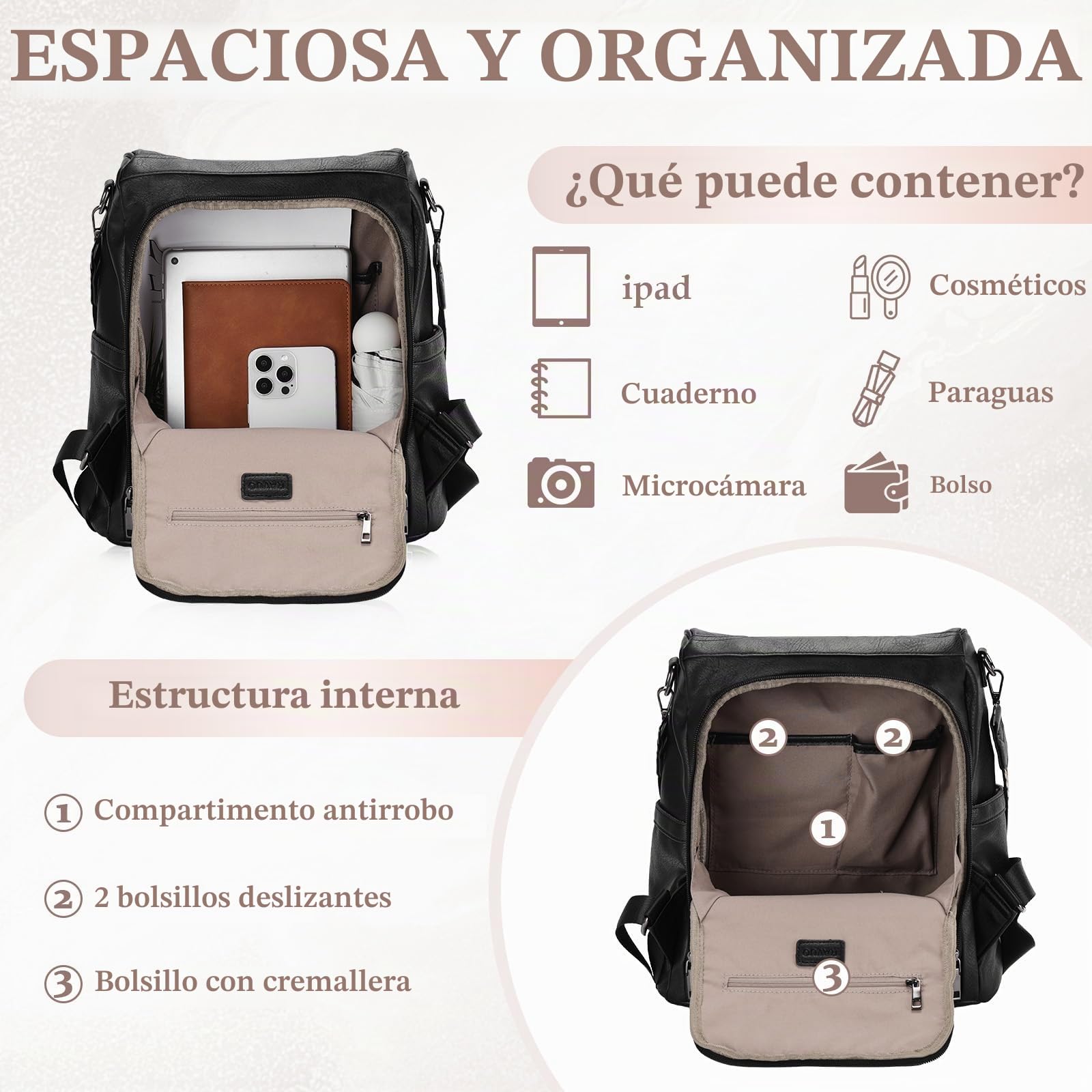 RAVUO Bolso Mochila Mujer, Mochilas Antirrobo de Cuero PU Impermeable 2pcs Set Bolsa de Mano Mochilas Casual para Escuela Viaje Compras,Nergo