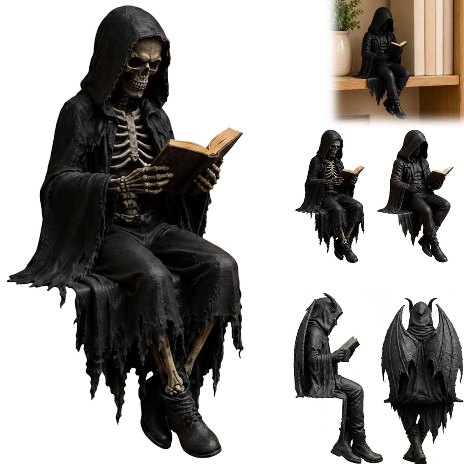 Gothic Dark Fantasy Figure,Seated Grim Reaper Reading Book Resin Sculpture,Gothic Home Decor for PC Tower,Bookshelf,Desk (A)