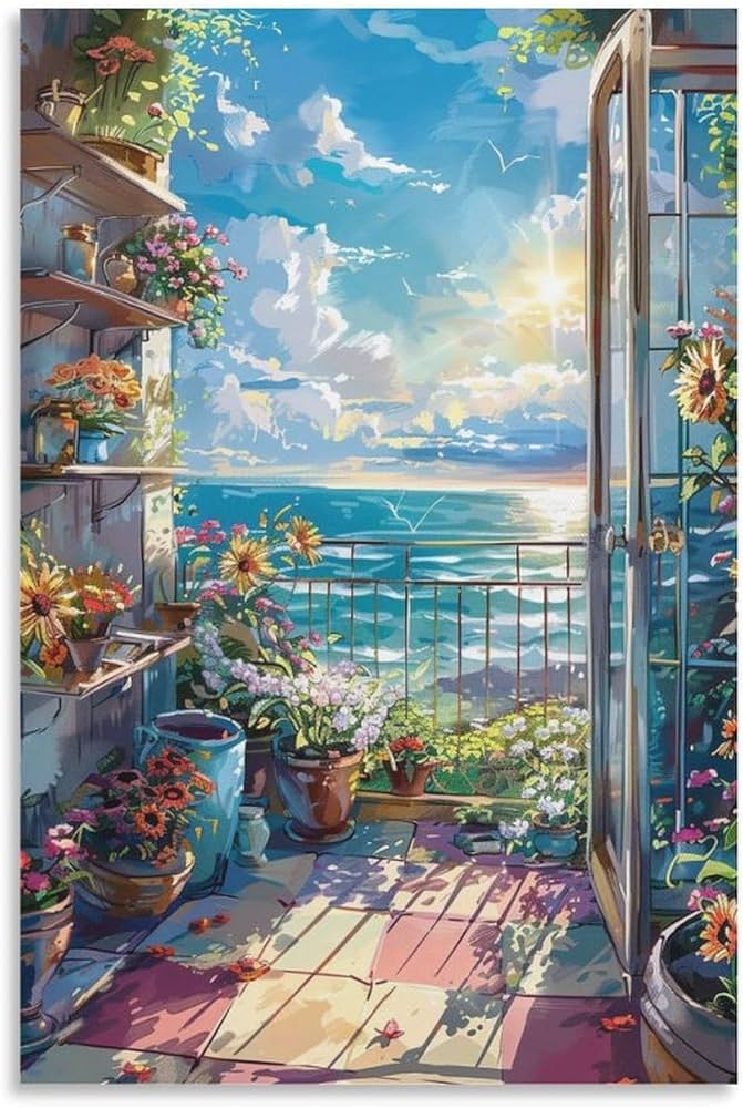 Amazon.co.jp: 絵画 部屋には花があり、ドアの外にはビーチの景色が