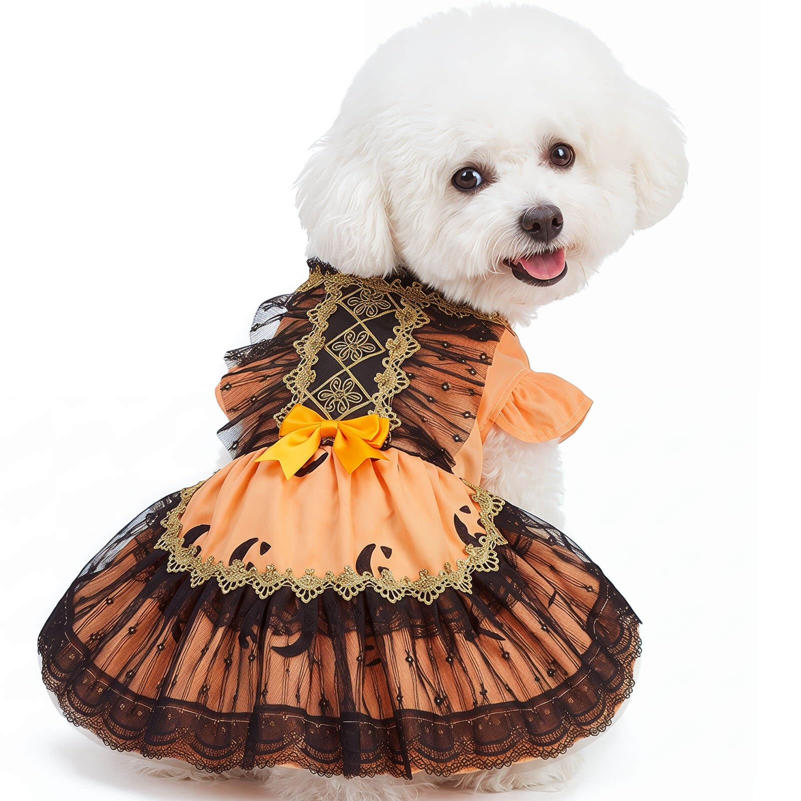 Halloween Dog Dress for Small Dogs Girl, Gothic Pumpkin Princess Puppy Costume with Orange Black Lace Mesh Skirt, Cute Halloween Pet Outfit for Photos(L)