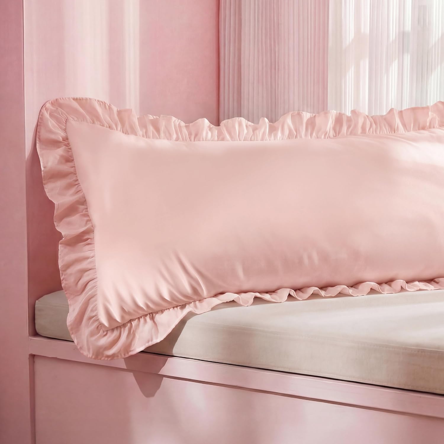 Bedsure Ruffle Body Pillow Covers, Ruffled Long Pillow Shams, Double Brushed Microfiber, Body Pillow Case Covers with Envelope Closure, Wrinkle Fade Resistant, Blush Pink, 20" x 54"