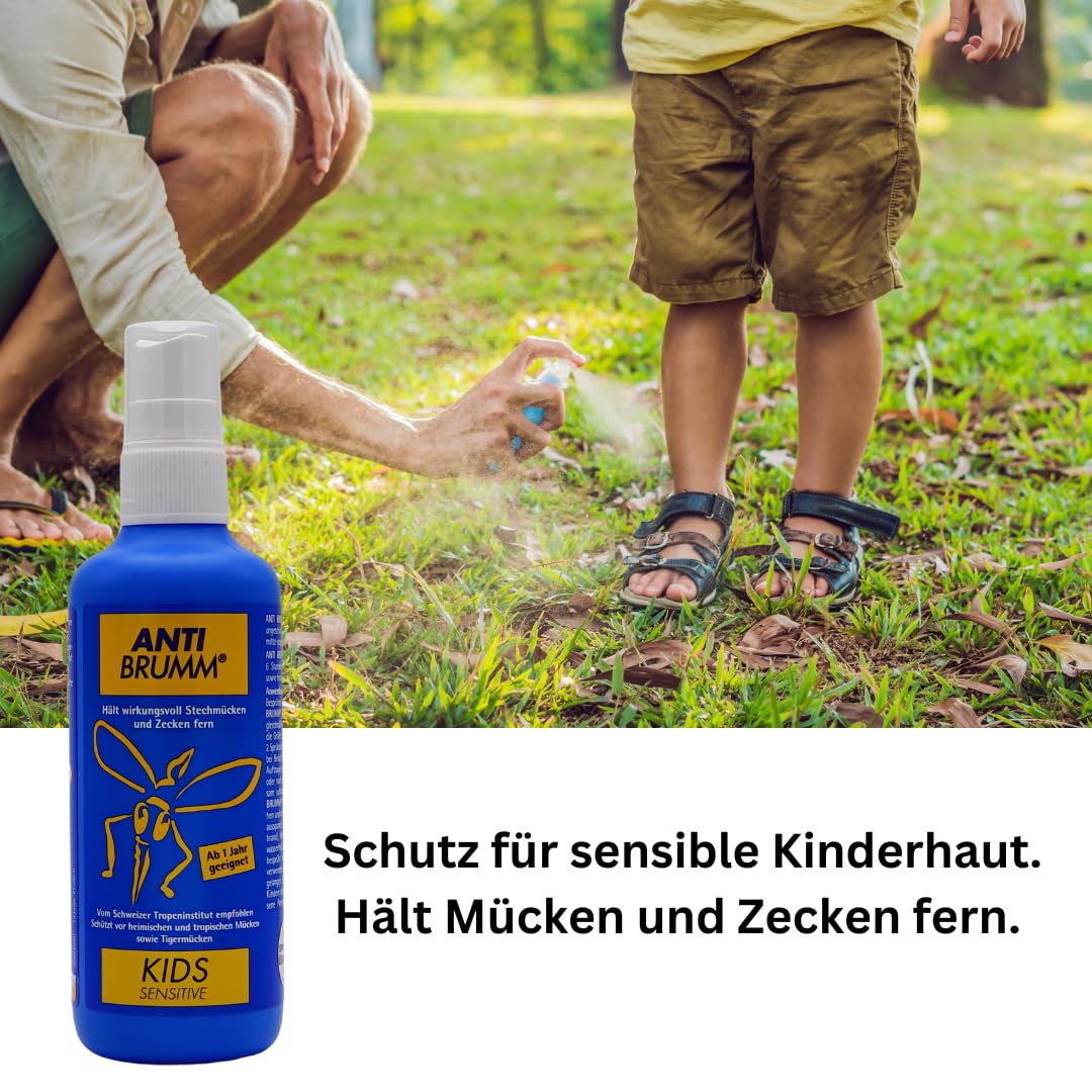 Anti Brumm Kids Sensitive 3x 150 ml I Schutz gegen Mücken und Zecken I Mückenspray I zu Hause, Reisen, Tropen I Icaridin I Kinder ab 1 Jahr I empfindliche Haut I Spar-Set plus Pharma Perle give-away