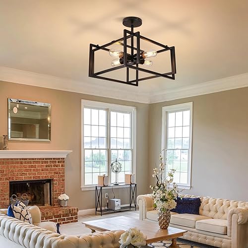 Miniatura 7 de Lámpara de techo semiempotrada de 4 luces, color negro, industrial cerca del techo, lámpara de techo de metal para cocina, isla, comedor,