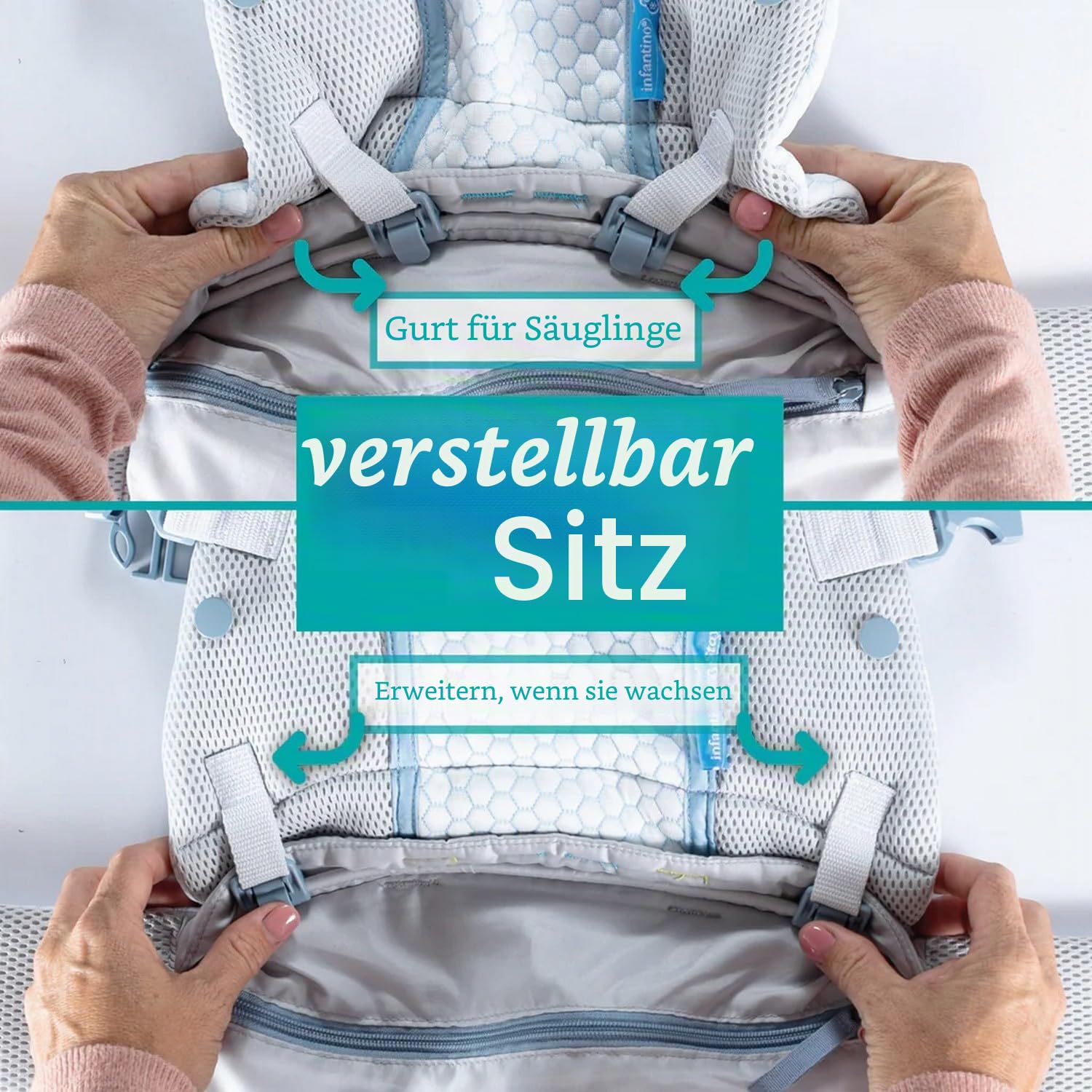 Infantino StayCool 4-in-1 Babytrage, Ergonomisches Design, mit Praktischem Aufbewahrungsfach, Geeignet für Neugeborene und Kleinkinder 3,63–18,14 kg, Grau