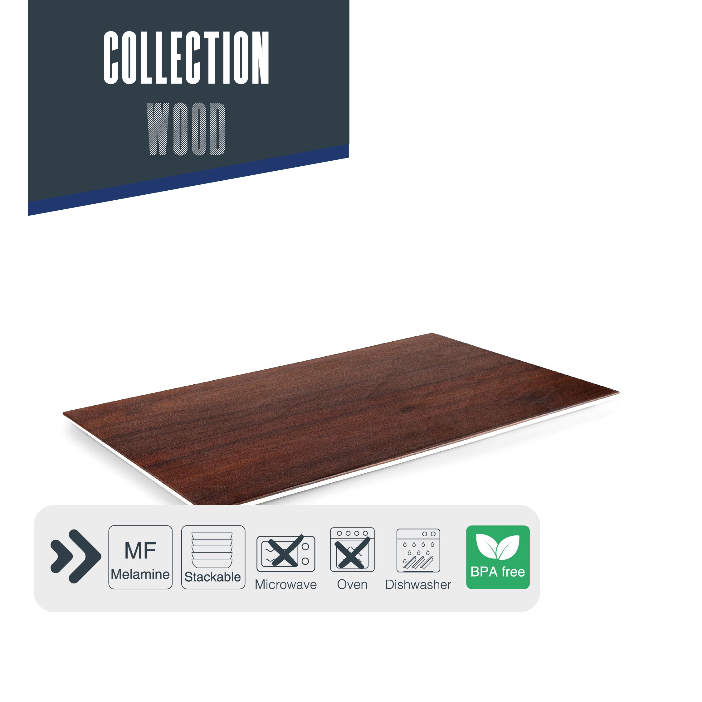 Lacor - 63088 - Rechteckiges Tablett Holz, Melamin, BPA-frei, 53x32,5x1 cm, Stapelbar, spülmaschinenfest, Nicht für Backofen oder Mikrowelle geeignet