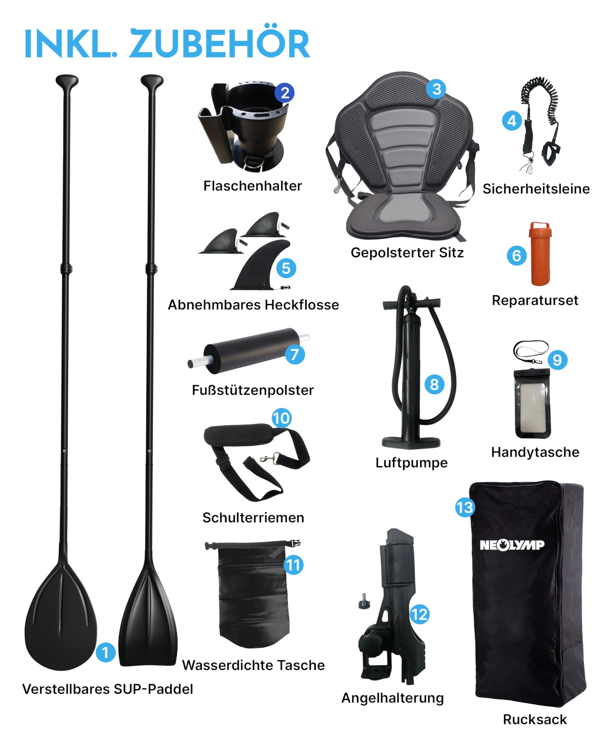 NEOLYMP Aufblasbares Stand Up Paddle Board 315 cm – SUP Komplett-Set 13-TLG. inkl. Kajaksitz, E-Book, Pumpe & Rucksack – für Kinder & Erwachsene – 150 kg Traglast – Paddleboard aufblasbar mit Zubehör
