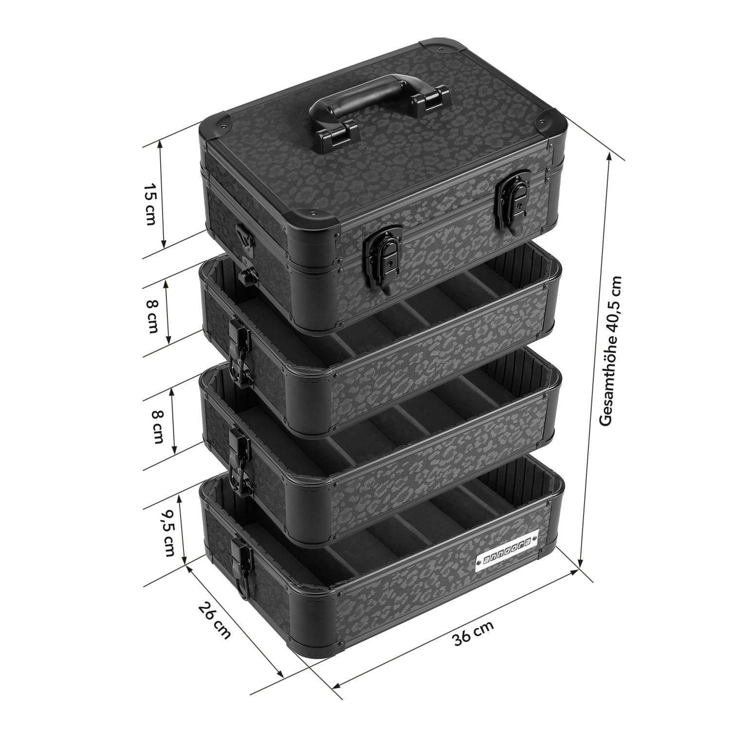 anndora Universalkoffer Etagenkoffer 23 Liter Werkzeugkiste 4 Ebenen – Leo Panther Design – komplett schwarz