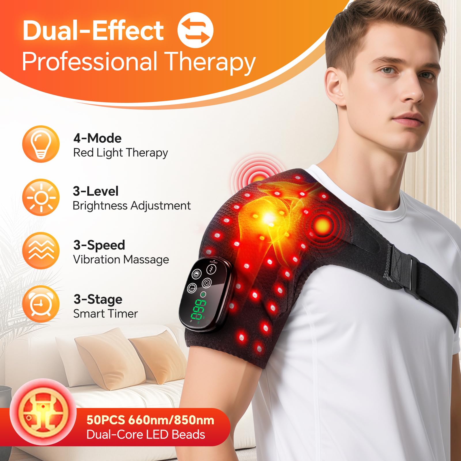 Kabellose Beheizte Schultermassageauflage 660-nm- & 850-nm-LED-Licht | mit 3 Heizstufen & 3 Vibrationsmodi, 3 Minuten Timer, Touchscreen-Steuerung, 5000mah-Akku