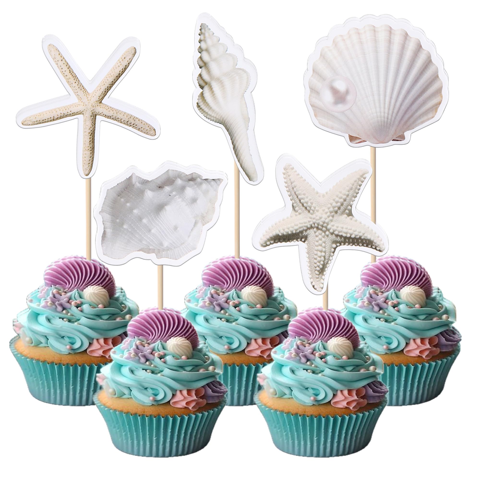 40 Pack Seashell Starfish Cupcake Toppers Beach Seashell Party Decorations Sea Shell Conch Cupcake Picks Ocean Nautical Party Cake Decorations for Coastal Beach Baby Shower Birthday Party Supplies