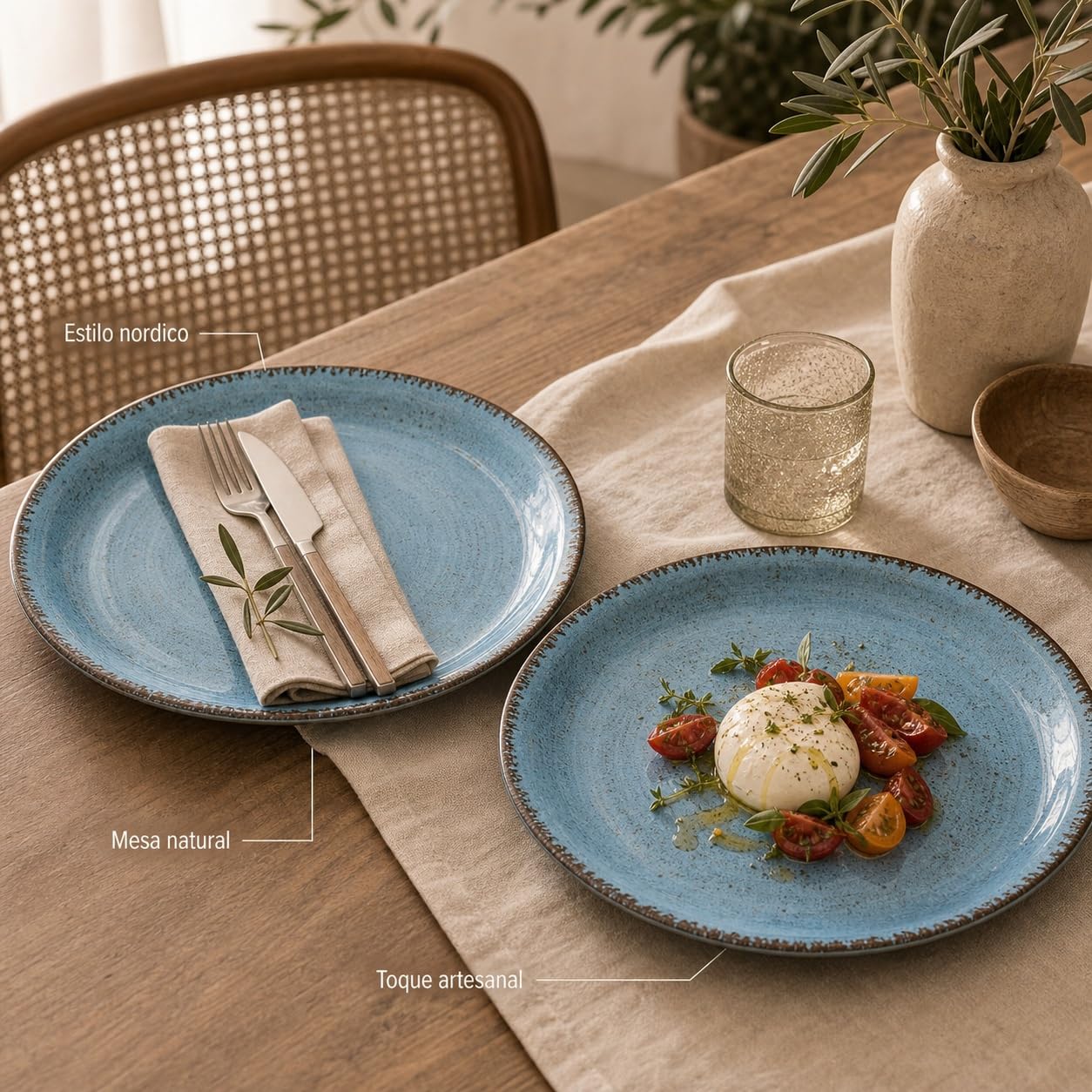 Pack 2 Platos Llanos Melamina 28 cm Azul Piedra | Efecto Cerámica Artesanal Rústica | Vajilla Ceracor Estilo Restaurante Resistente a Roturas, Apta Lavavajillas