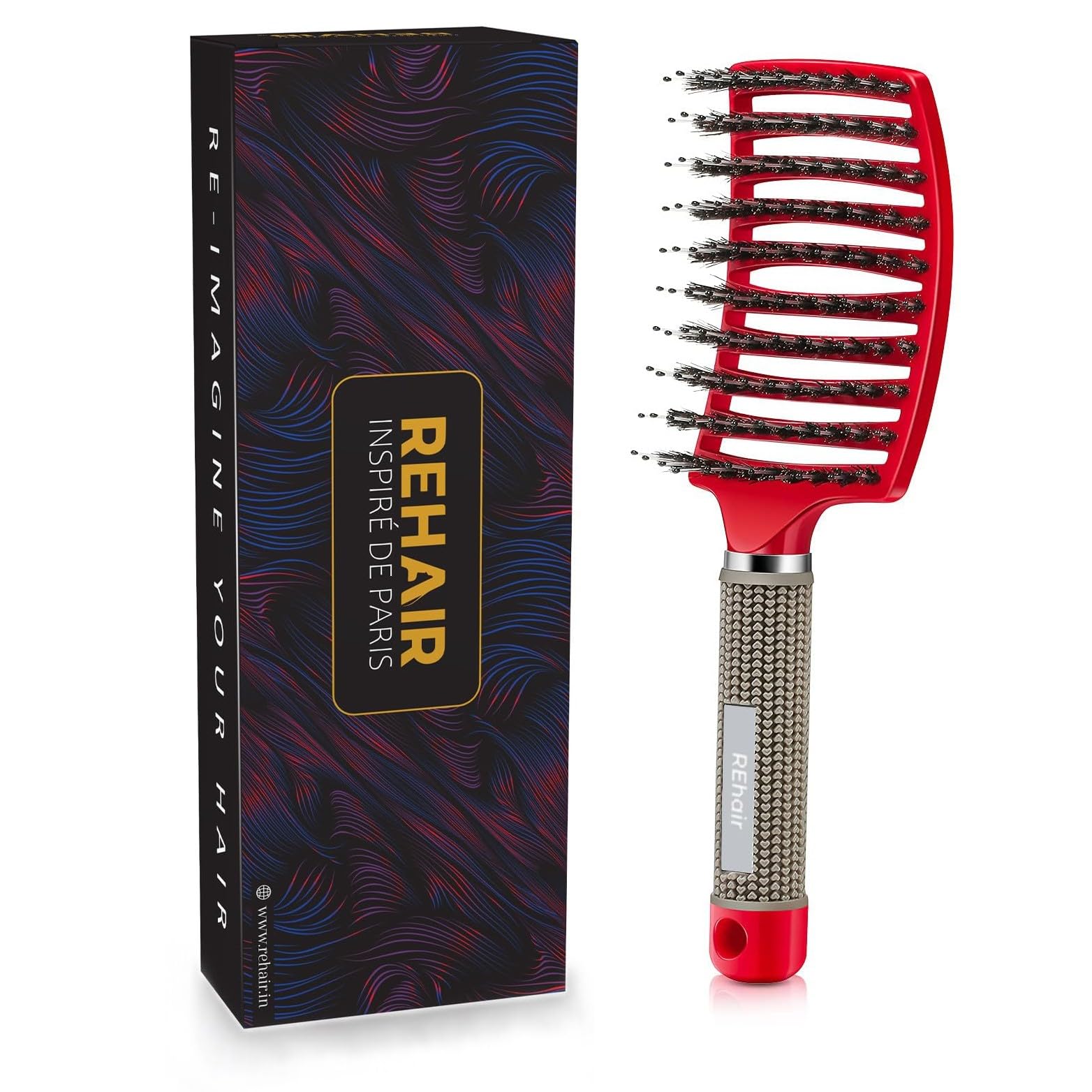 Premium Boar Bristles Detangler - Pain Free Hair Brush - Vented Design for Faster Blow Drying (Red)