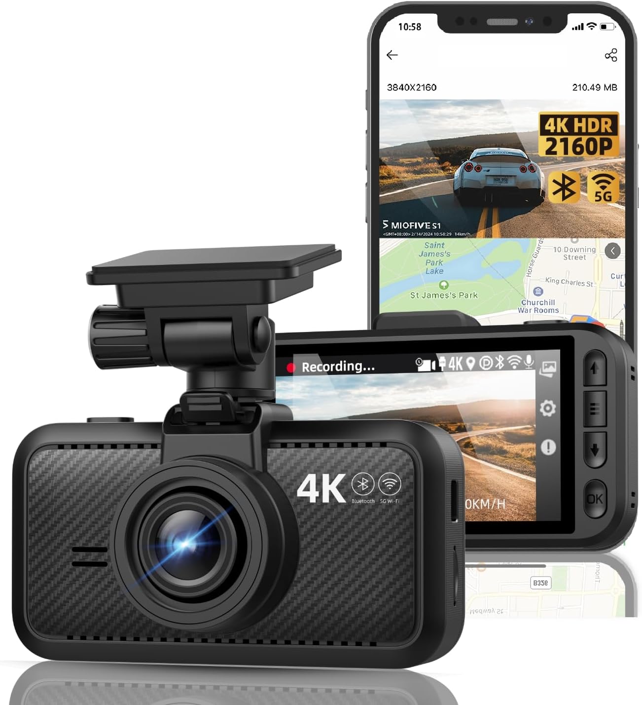 Miofive Dash Cam Front for Car 4K/2160P Dash Camera with 5G WiFi and Bluetooth APP,Built-in GPS 3.0" IPS Screen Dashcam 140° Wide Angle, G-Sensor, HDR, Night Vision, 24H Parking Mode