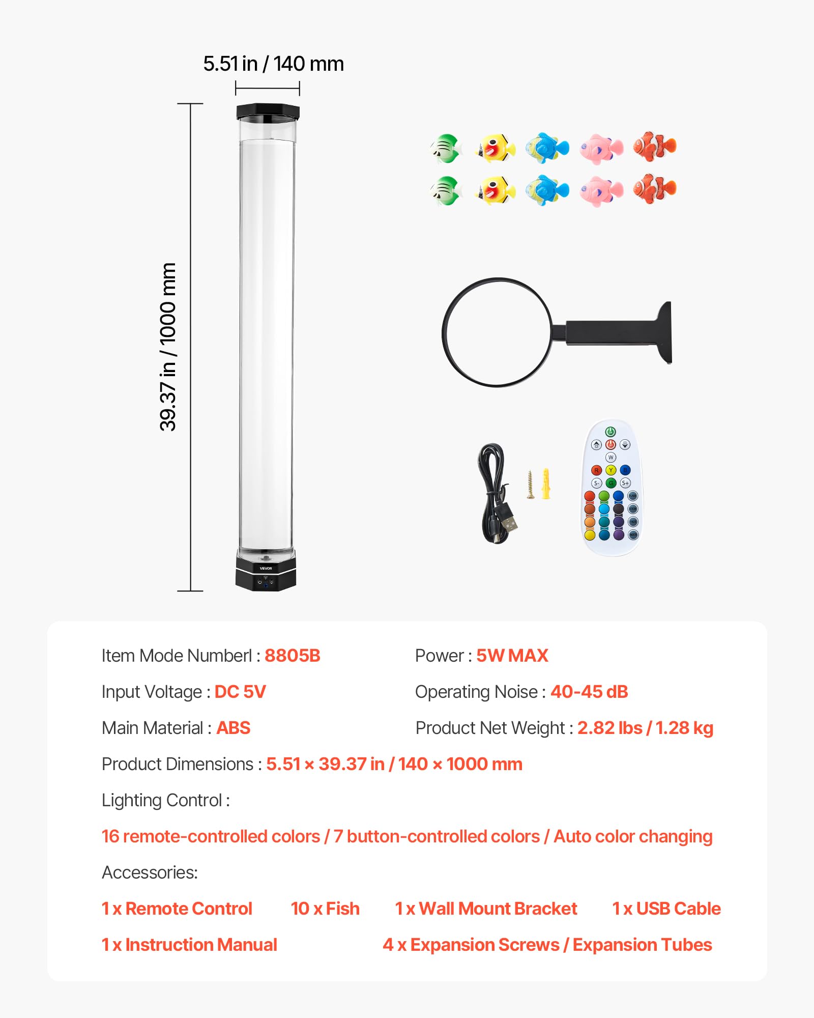 VEVOR Lampe à Bulles avec 10 Poissons Flottants, 1 m, 16 Effets de Lumières Changeantes de Couleur, Télécommande, Lumière Apaisante, Lampe Ambiance pour Chambre à Coucher, Salon, Décoration Intérieure