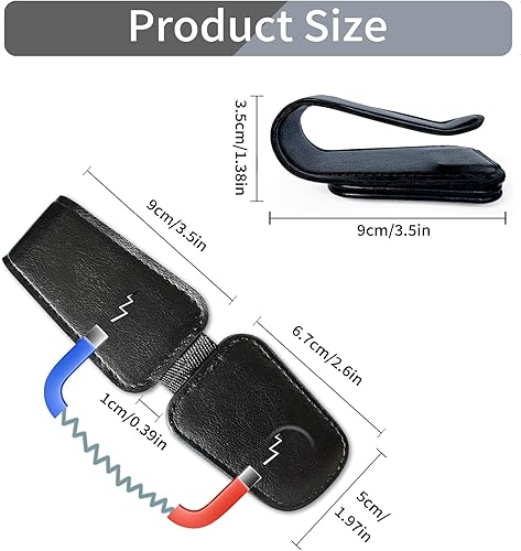 Miniatura 9 de Soporte para lentes de sol para visera de automóvil, soporte magnético de cuero para lentes de sol para automóvil con clip, color azul