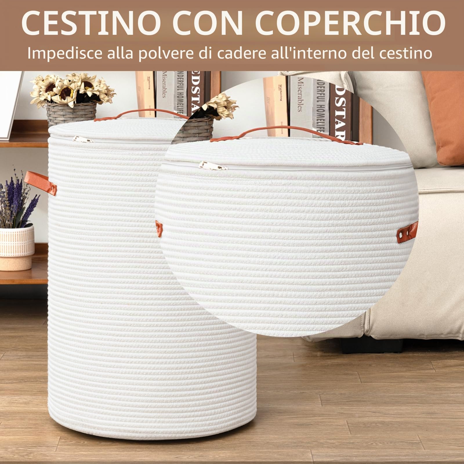 CHICVITA Cesto portabiancheria alto con coperchio, cesto portabiancheria bianco per asilo nido, cesto portaoggetti in corda di cotone per vestiti, coperte, giocattoli, portabiancheria, 38,1 x 50,8 cm