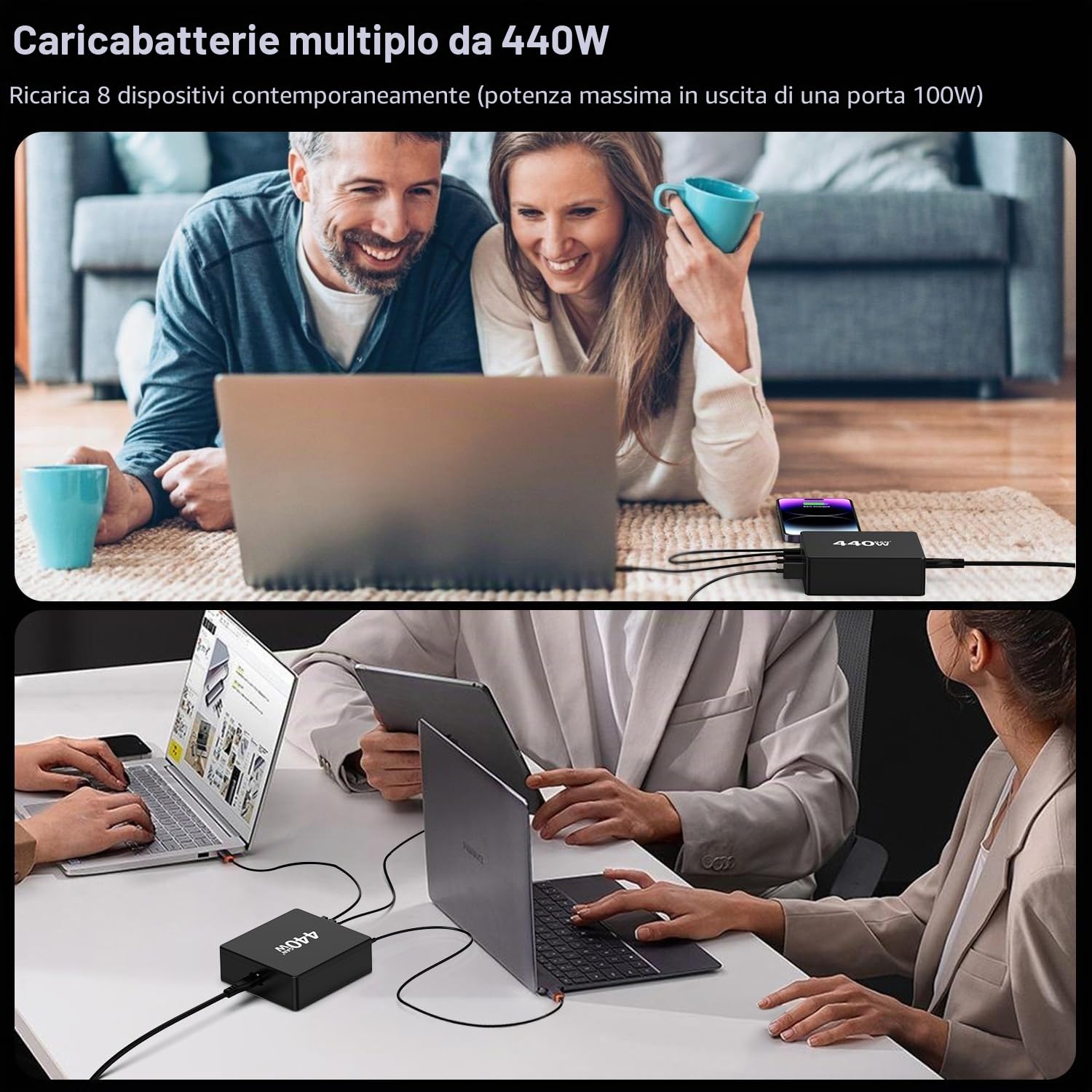 HSSNS Multiplo Caricabatterie 440W With 5 USB-C and 3 USB-A Ports - PD PPS Alimentatore for Laptop, MacBook, iPad, iPhone 16/15/14 Series, Samsung